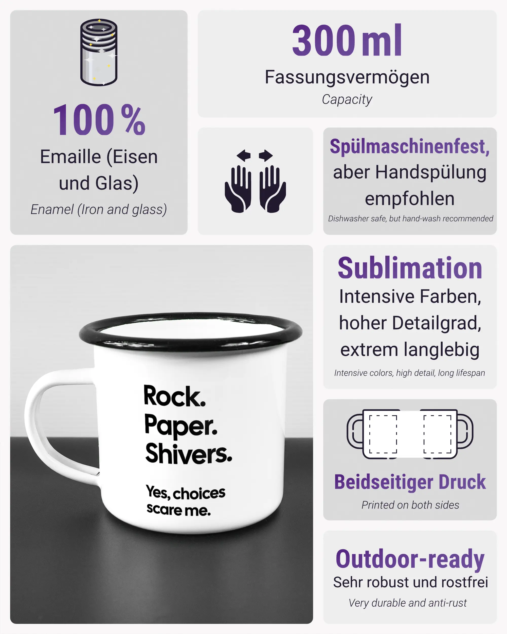 Produktinformationsblatt der beidseitig bedruckten Emailletasse von Maondo mit dem Design Rock Paper Shivers in der Farbe White-Black
