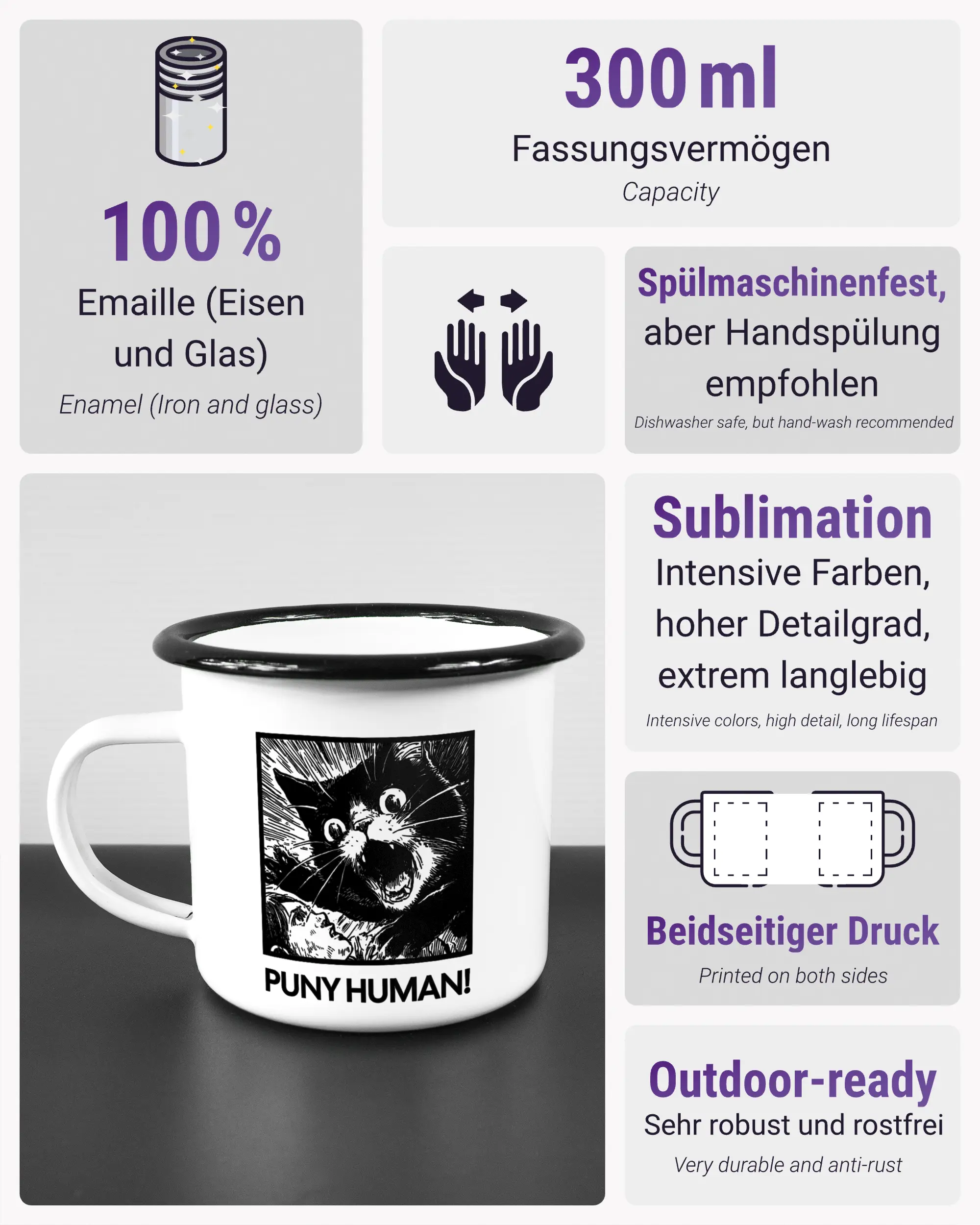 Produktinformationsblatt der beidseitig bedruckten Emailletasse von Maondo mit dem Design Puny Human in der Farbe White-Black