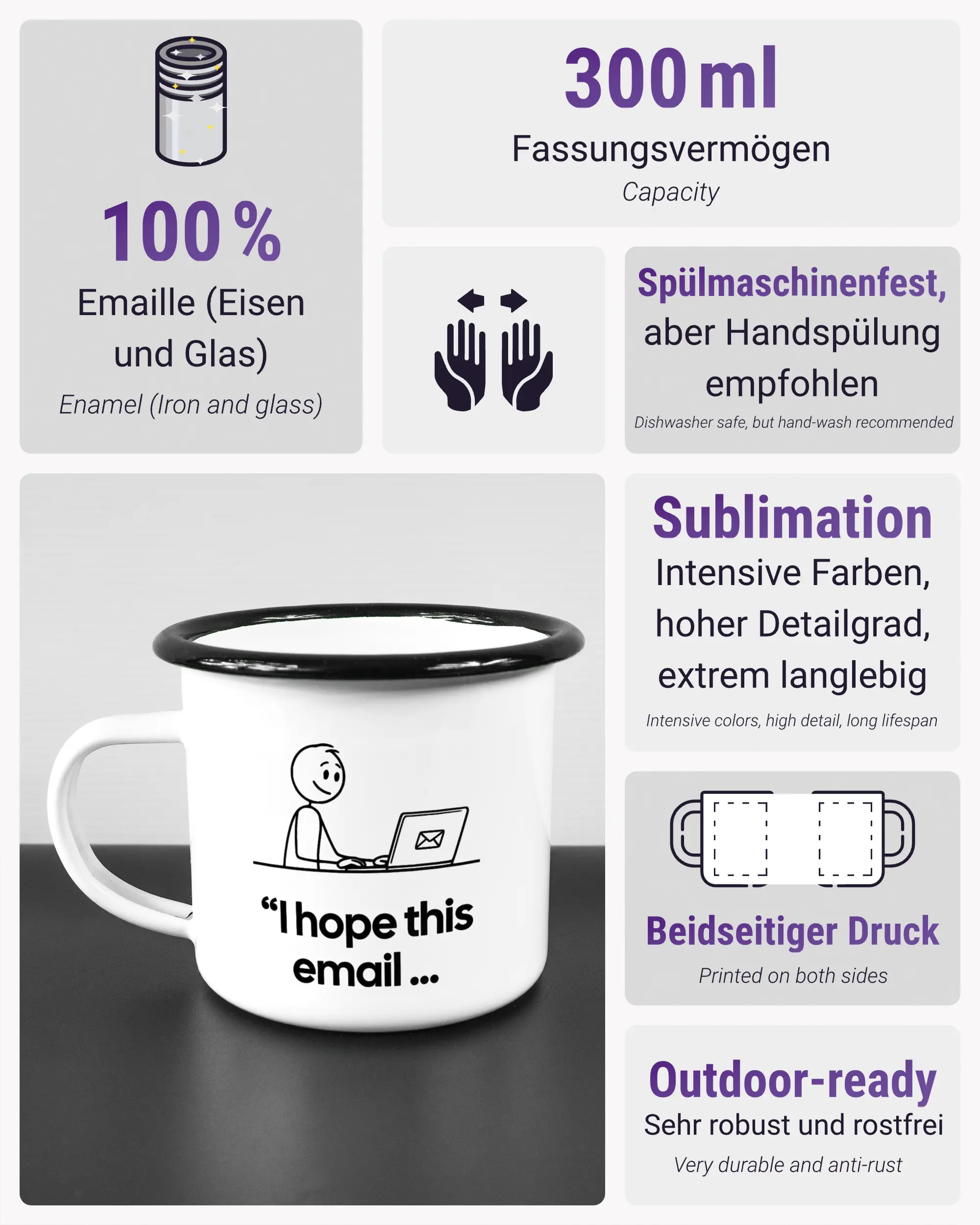 Produktinformationsblatt der beidseitig bedruckten Emailletasse von Maondo mit dem Design Found me not well in der Farbe White-Black