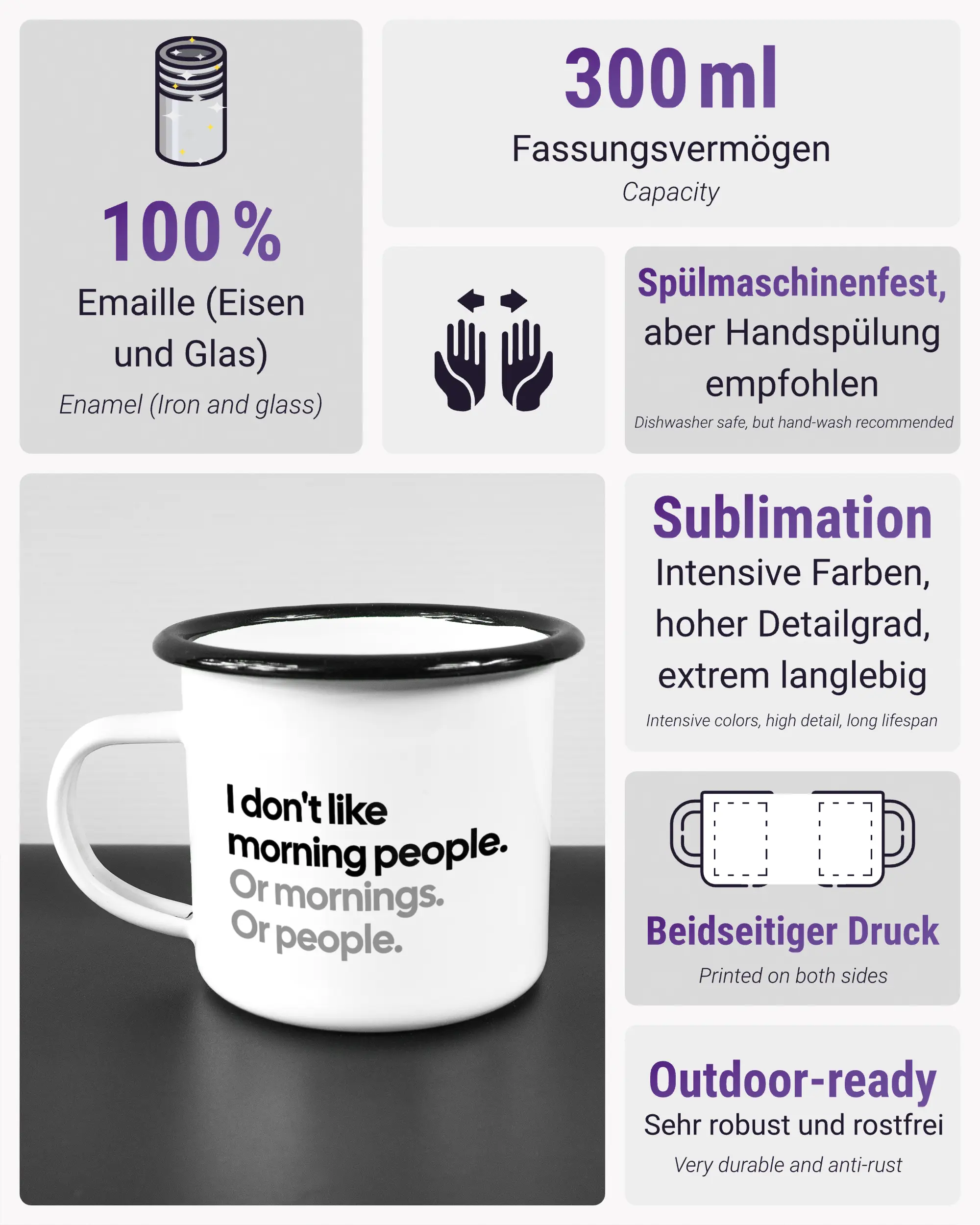 Produktinformationsblatt der beidseitig bedruckten Emailletasse von Maondo mit dem Design Morning Person in der Farbe White-Black