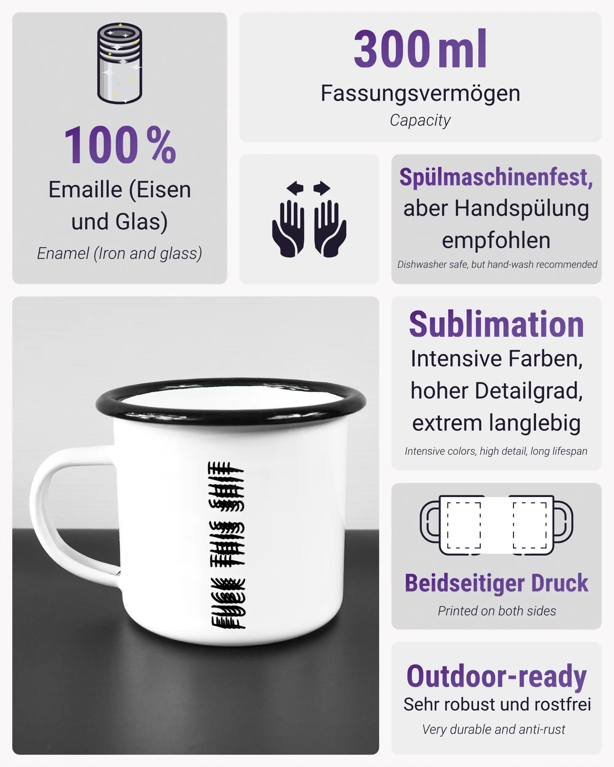 Produktinformationsblatt der beidseitig bedruckten Emailletasse von Maondo mit dem Design Hidden Message in der Farbe White-Black