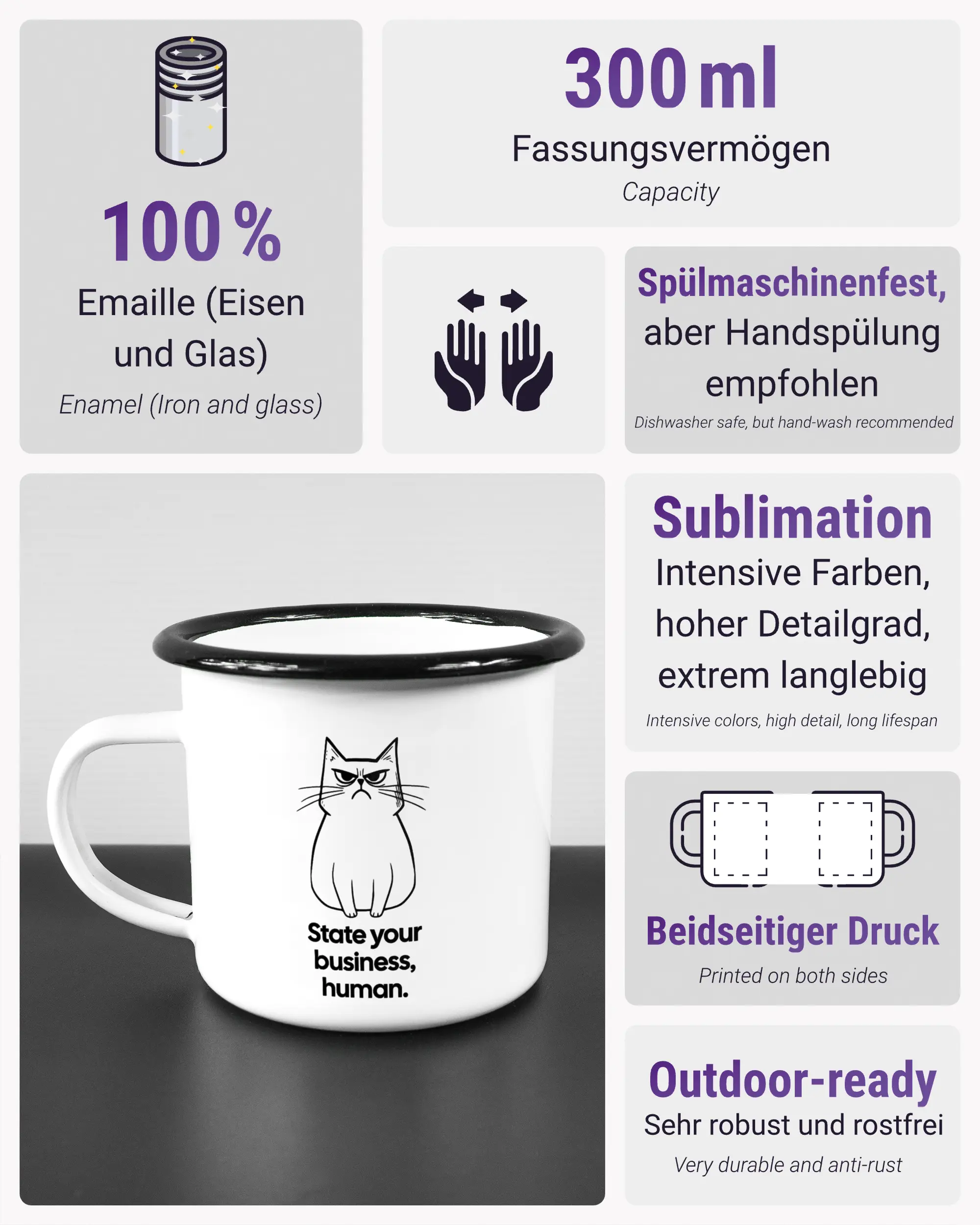 Produktinformationsblatt der beidseitig bedruckten Emailletasse von Maondo mit dem Design Grumpy Purr in der Farbe White-Black
