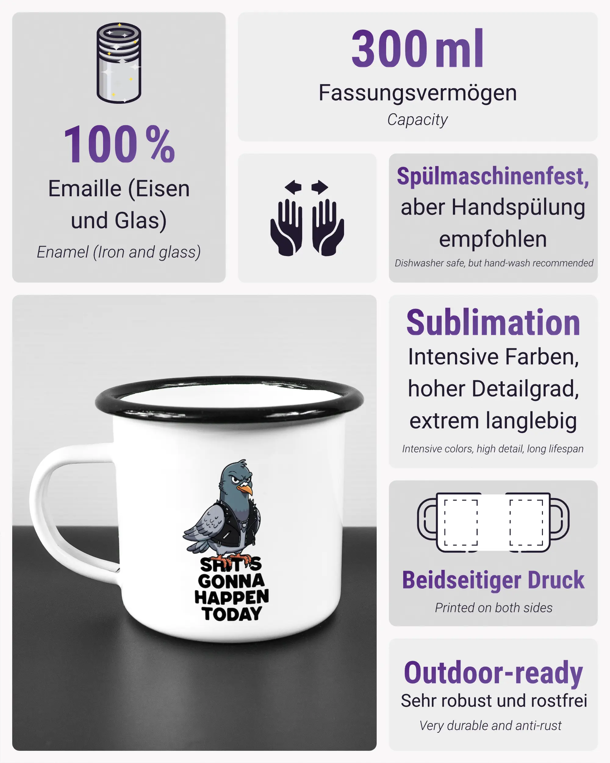 Produktinformationsblatt der beidseitig bedruckten Emailletasse von Maondo mit dem Design Pigeon Pun in der Farbe White-Black