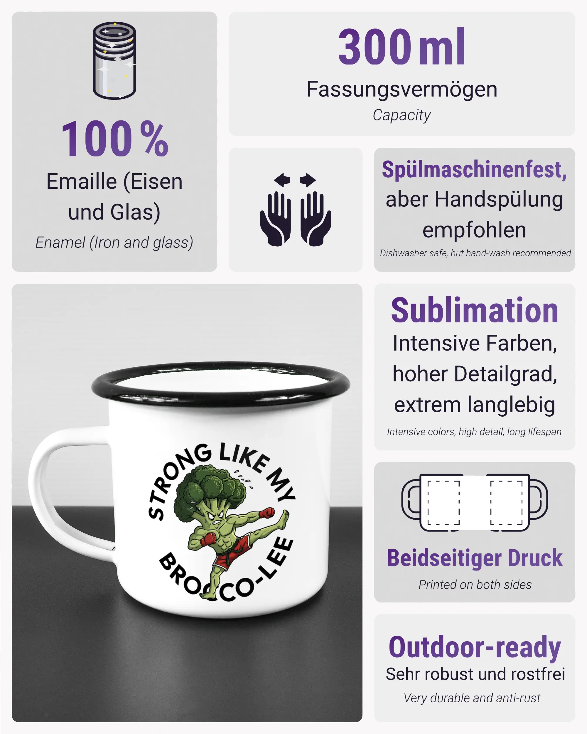 Produktinformationsblatt der beidseitig bedruckten Emailletasse von Maondo mit dem Design Brocco-Lee in der Farbe White-Black