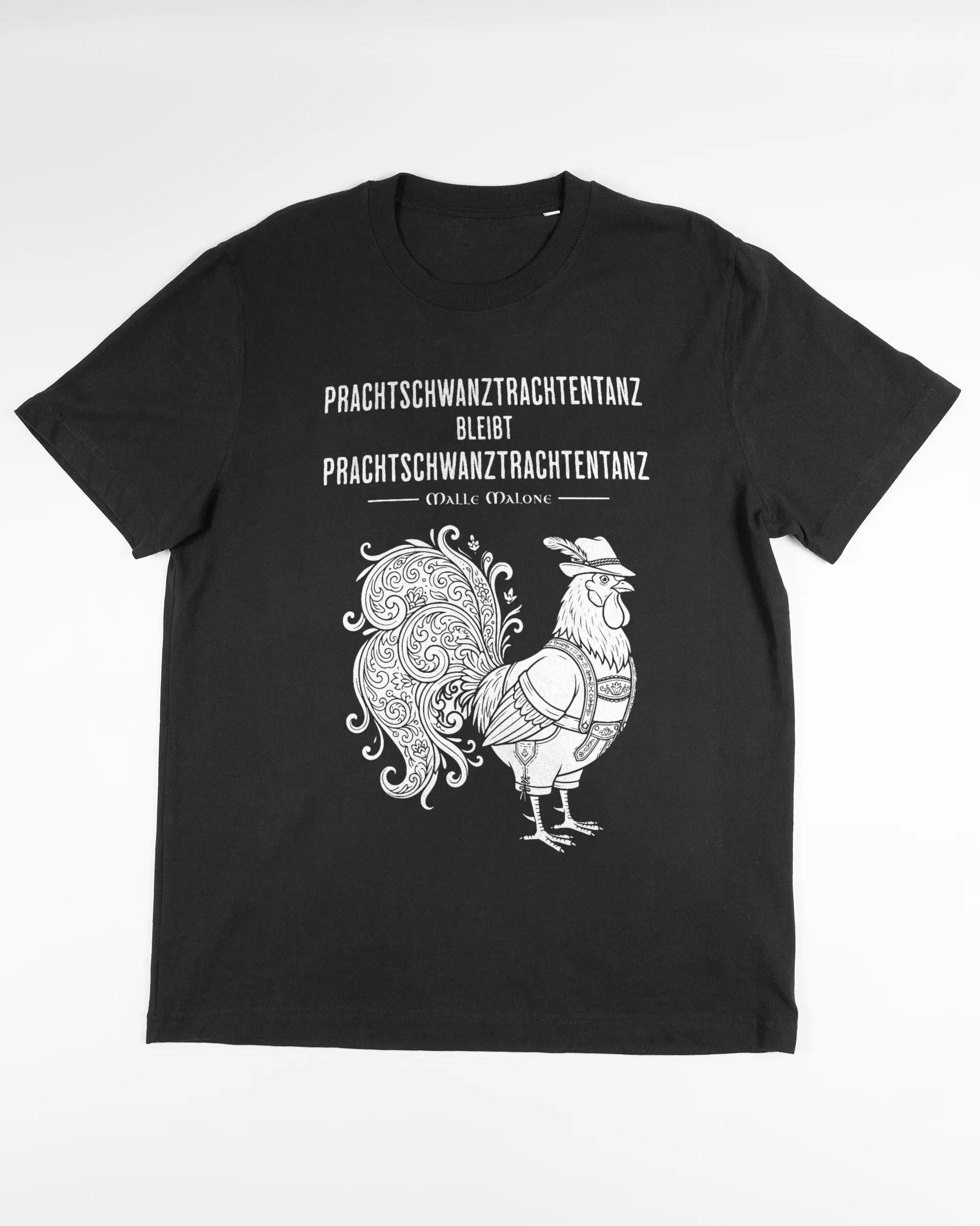 Vorderseite des Organic Unisex T-Shirt Relaxed von Maondo mit dem Design Trachtentanz in der Farbe Black und in der Größe L flach auf den Boden gelegt