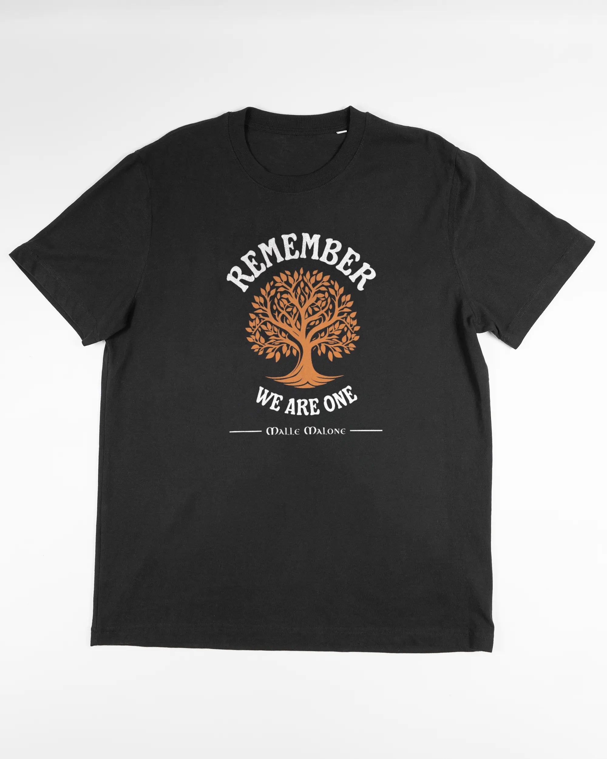 Vorderseite des Organic Unisex T-Shirt Relaxed von Maondo mit dem Design We are one in der Farbe Black und in der Größe L flach auf den Boden gelegt