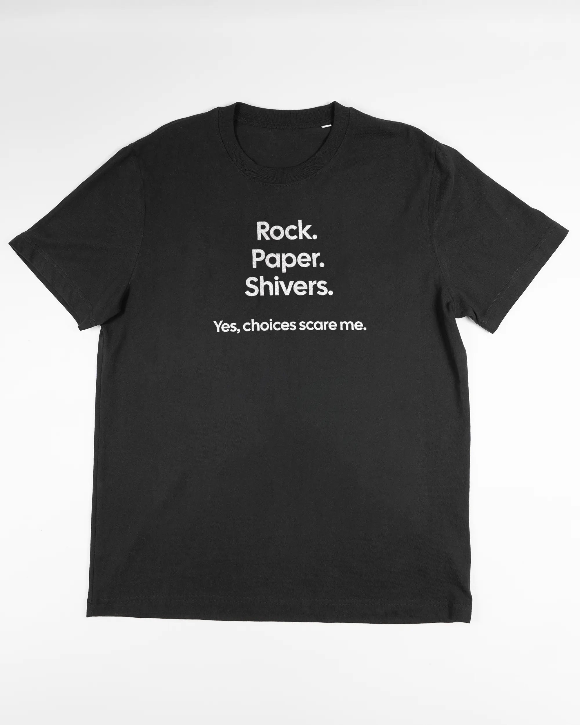 Vorderseite des Organic Unisex T-Shirt Relaxed von Maondo mit dem Design Rock Paper Shivers in der Farbe Black und in der Größe L flach auf den Boden gelegt