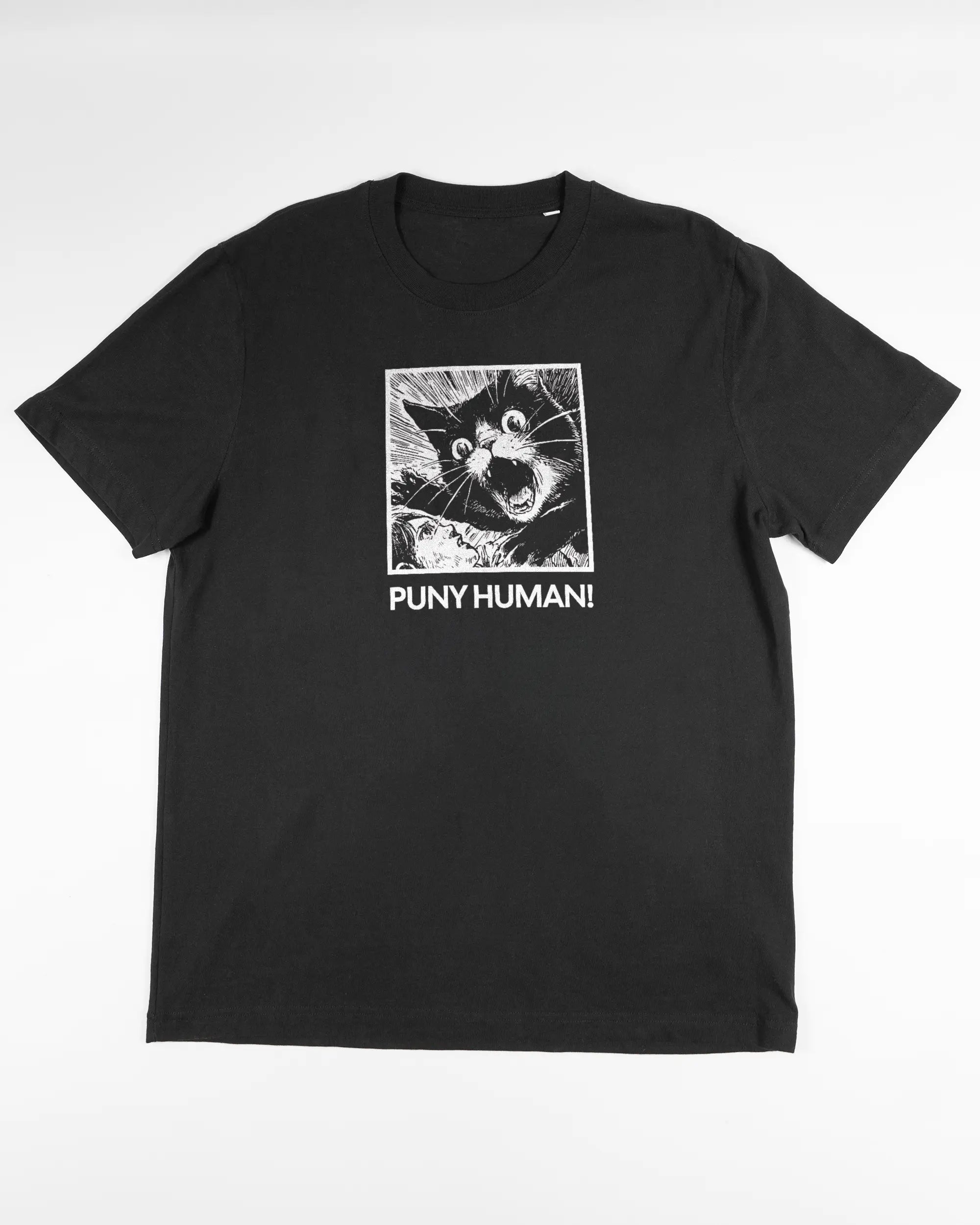 Vorderseite des Organic Unisex T-Shirt Relaxed von Maondo mit dem Design Puny Human in der Farbe Black und in der Größe L flach auf den Boden gelegt