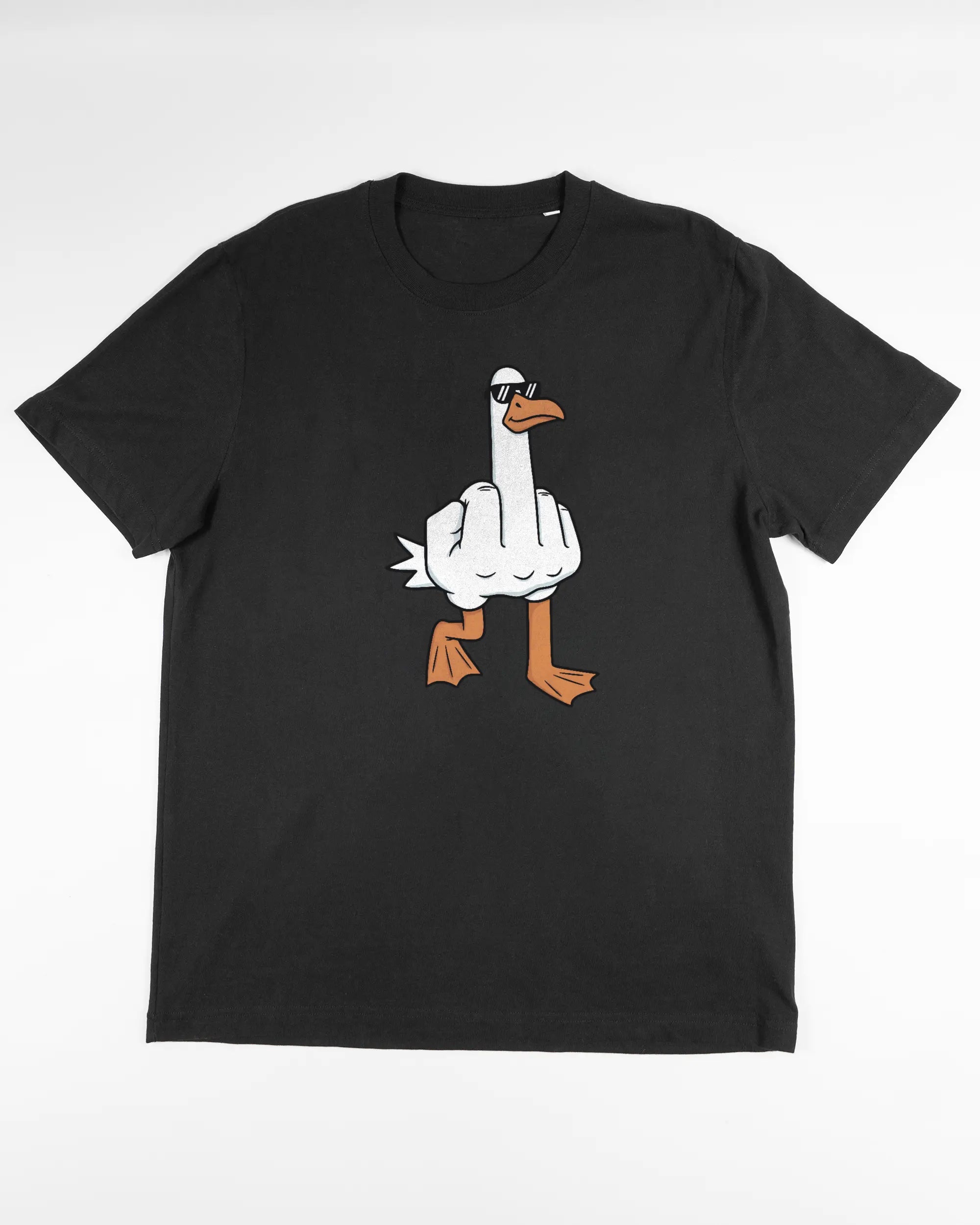 Vorderseite des Organic Unisex T-Shirt Relaxed von Maondo mit dem Design I give a duck in der Farbe Black und in der Größe L flach auf den Boden gelegt