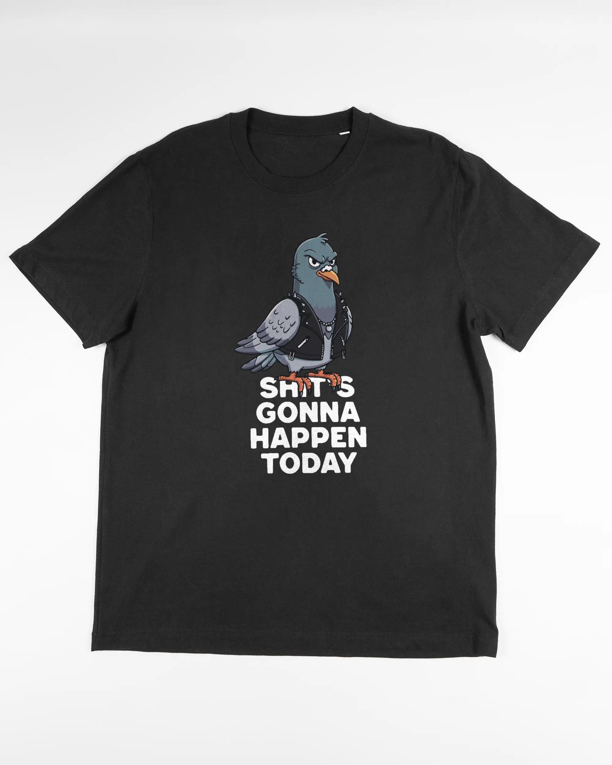 Vorderseite des Organic Unisex T-Shirt Relaxed von Maondo mit dem Design Pigeon Pun in der Farbe Black und in der Größe L flach auf den Boden gelegt