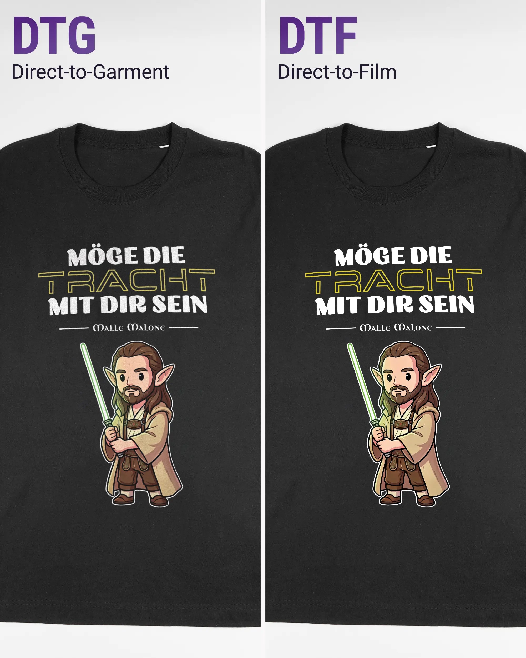 Vergleich der Vorderseiten des Organic Unisex T-Shirt Relaxed von Maondo mit dem Design Tracht mit dir in der Farbe Black und in der Größe L links mit dem Direct-to-Garment und rechts mit dem Direct-to-Film Verfahren