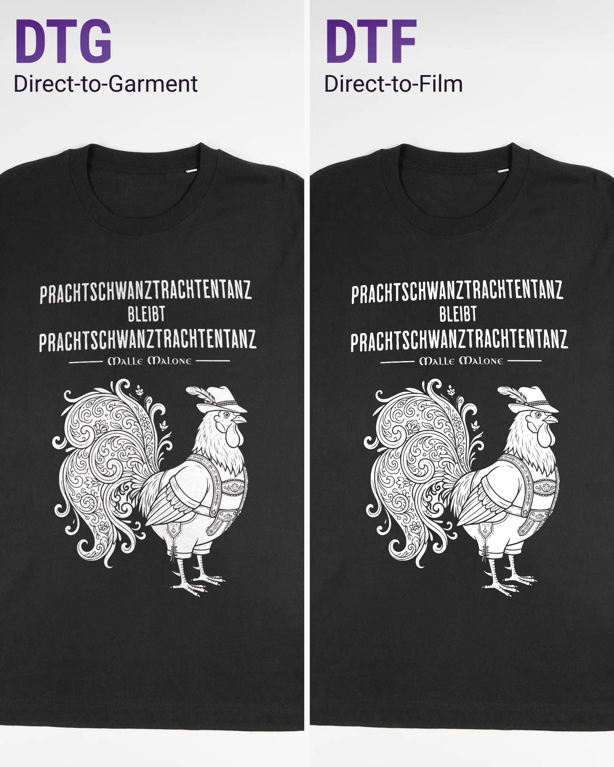 Vergleich der Vorderseiten des Organic Unisex T-Shirt Relaxed von Maondo mit dem Design Trachtentanz in der Farbe Black und in der Größe L links mit dem Direct-to-Garment und rechts mit dem Direct-to-Film Verfahren