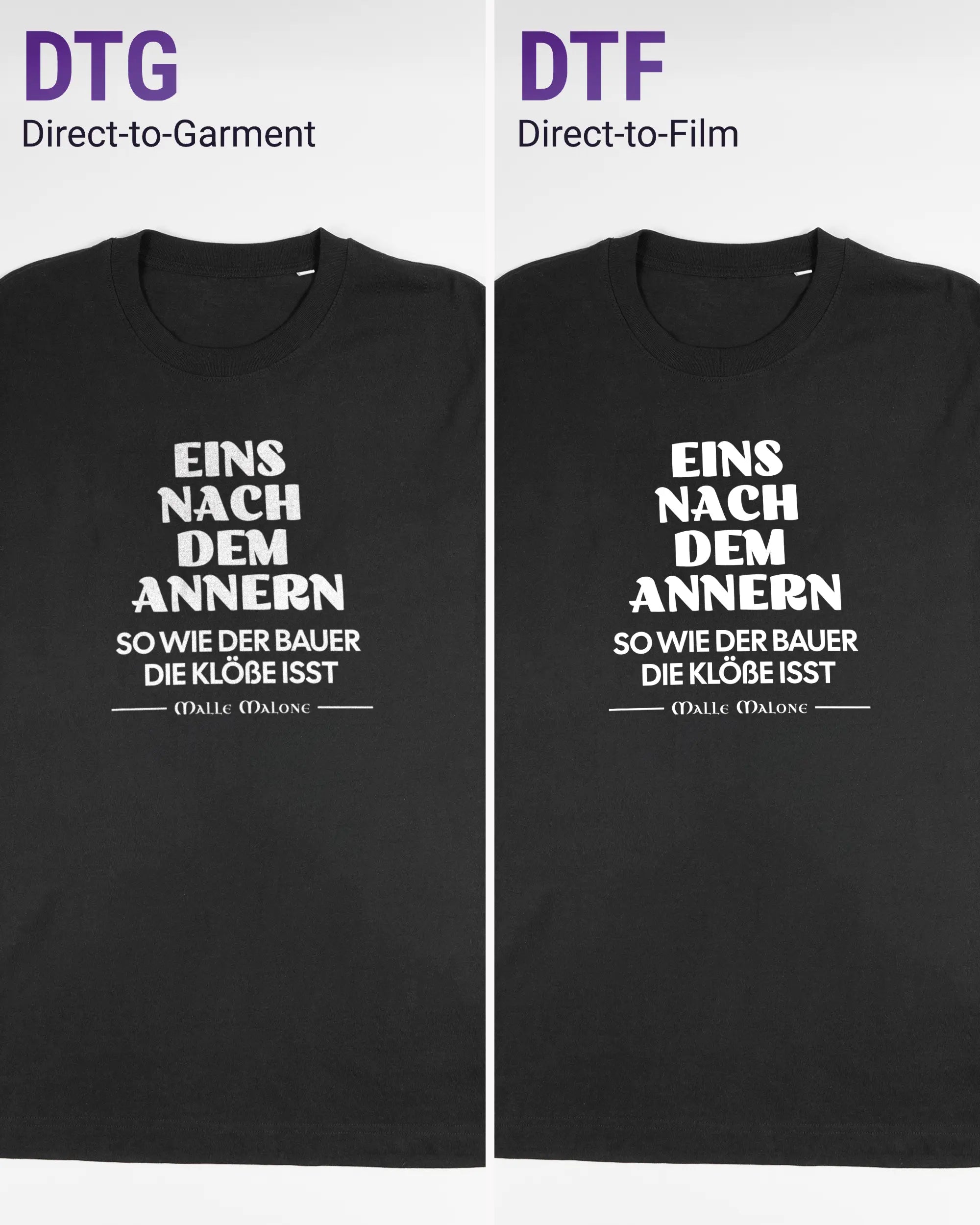 Vergleich der Vorderseiten des Organic Unisex T-Shirt Relaxed von Maondo mit dem Design Eins nach dem Annern in der Farbe Black und in der Größe L links mit dem Direct-to-Garment und rechts mit dem Direct-to-Film Verfahren