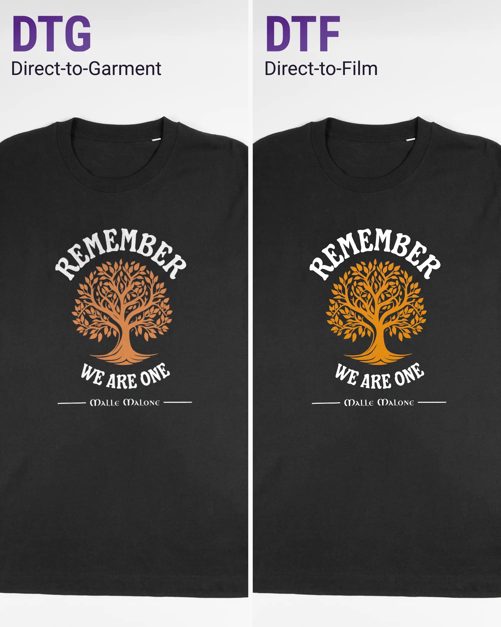 Vergleich der Vorderseiten des Organic Unisex T-Shirt Relaxed von Maondo mit dem Design We are one in der Farbe Black und in der Größe L links mit dem Direct-to-Garment und rechts mit dem Direct-to-Film Verfahren