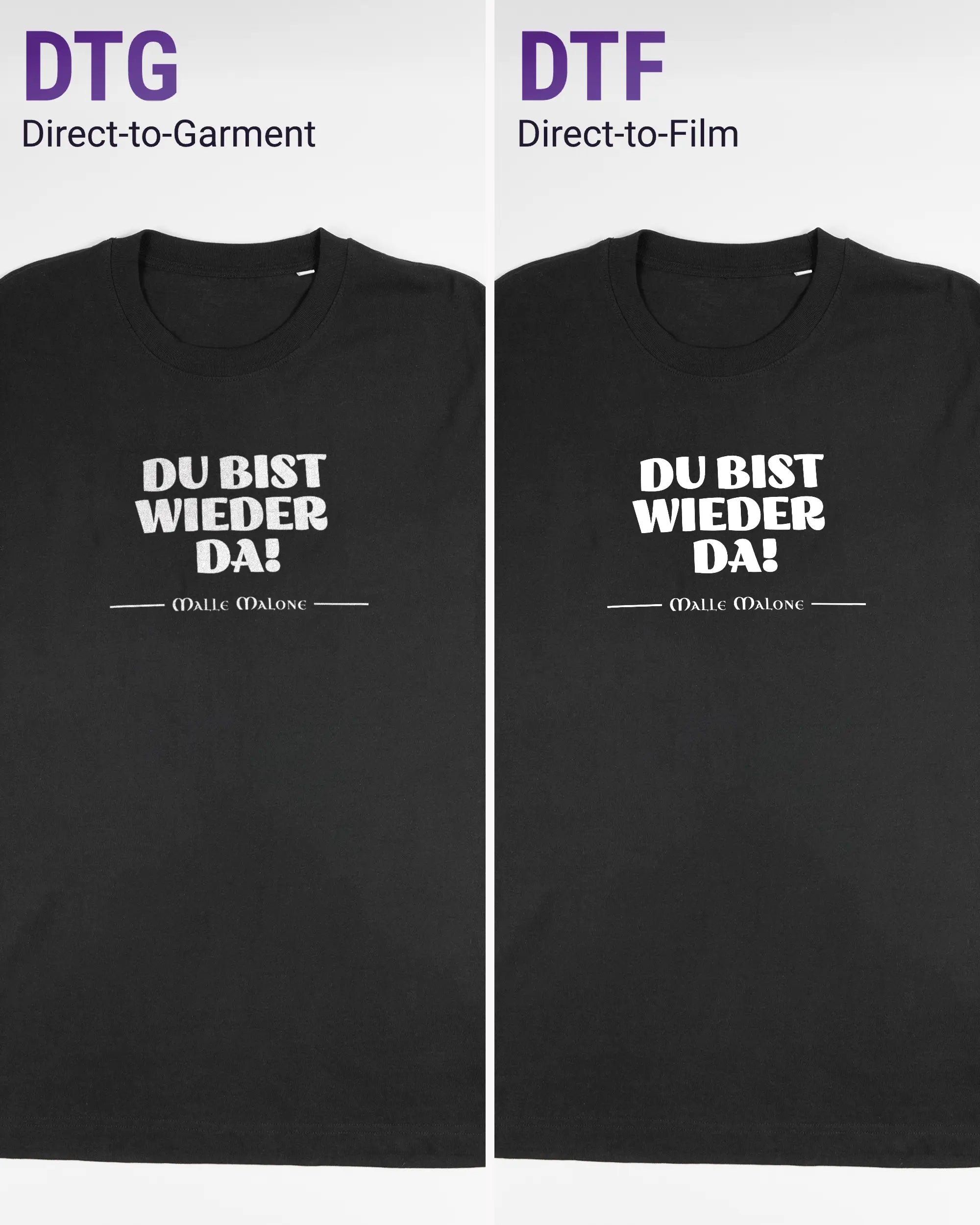 Vergleich der Vorderseiten des Organic Unisex T-Shirt Relaxed von Maondo mit dem Design Wieder da in der Farbe Black und in der Größe L links mit dem Direct-to-Garment und rechts mit dem Direct-to-Film Verfahren