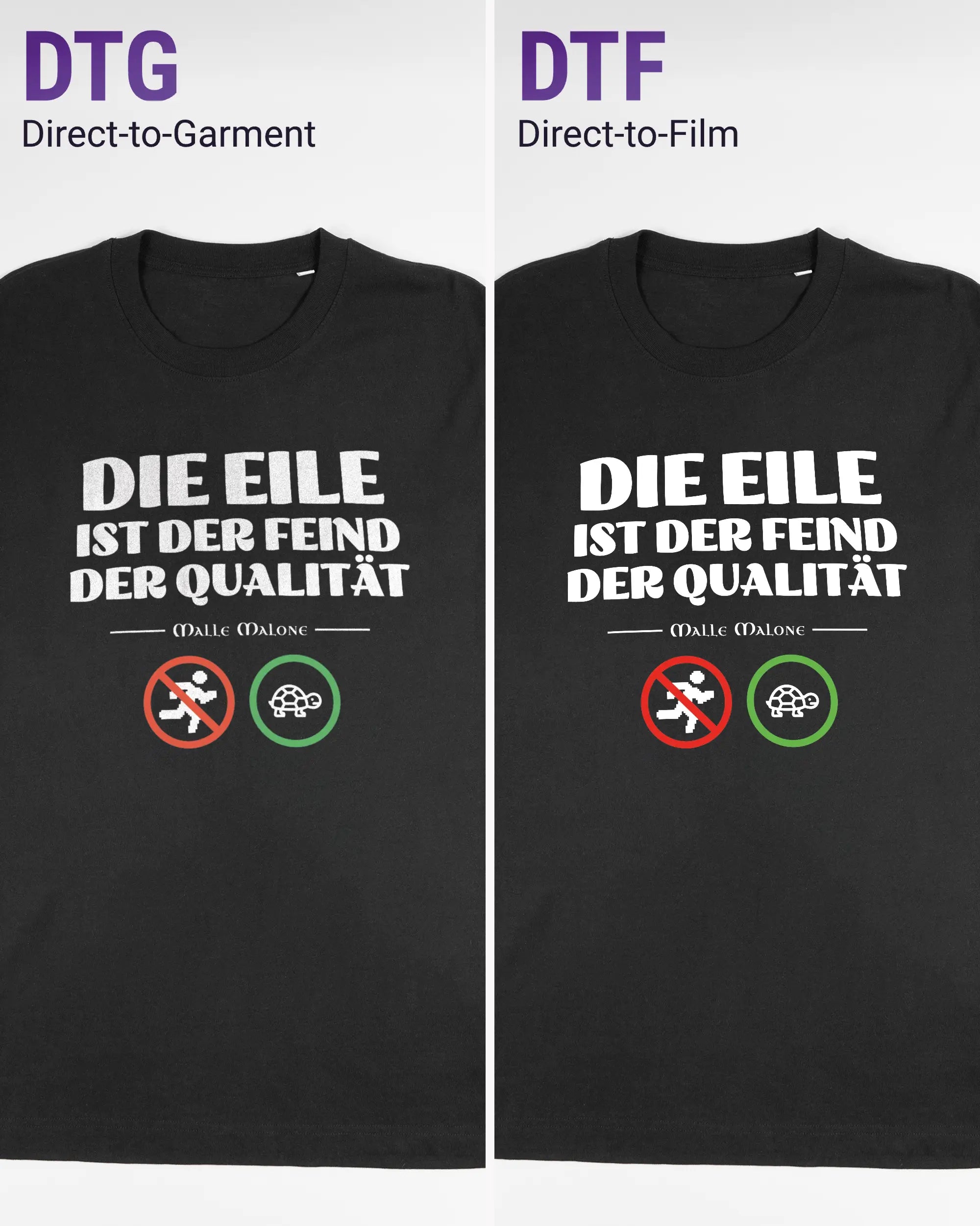 Vergleich der Vorderseiten des Organic Unisex T-Shirt Relaxed von Maondo mit dem Design Keine Eile in der Farbe Black und in der Größe L links mit dem Direct-to-Garment und rechts mit dem Direct-to-Film Verfahren