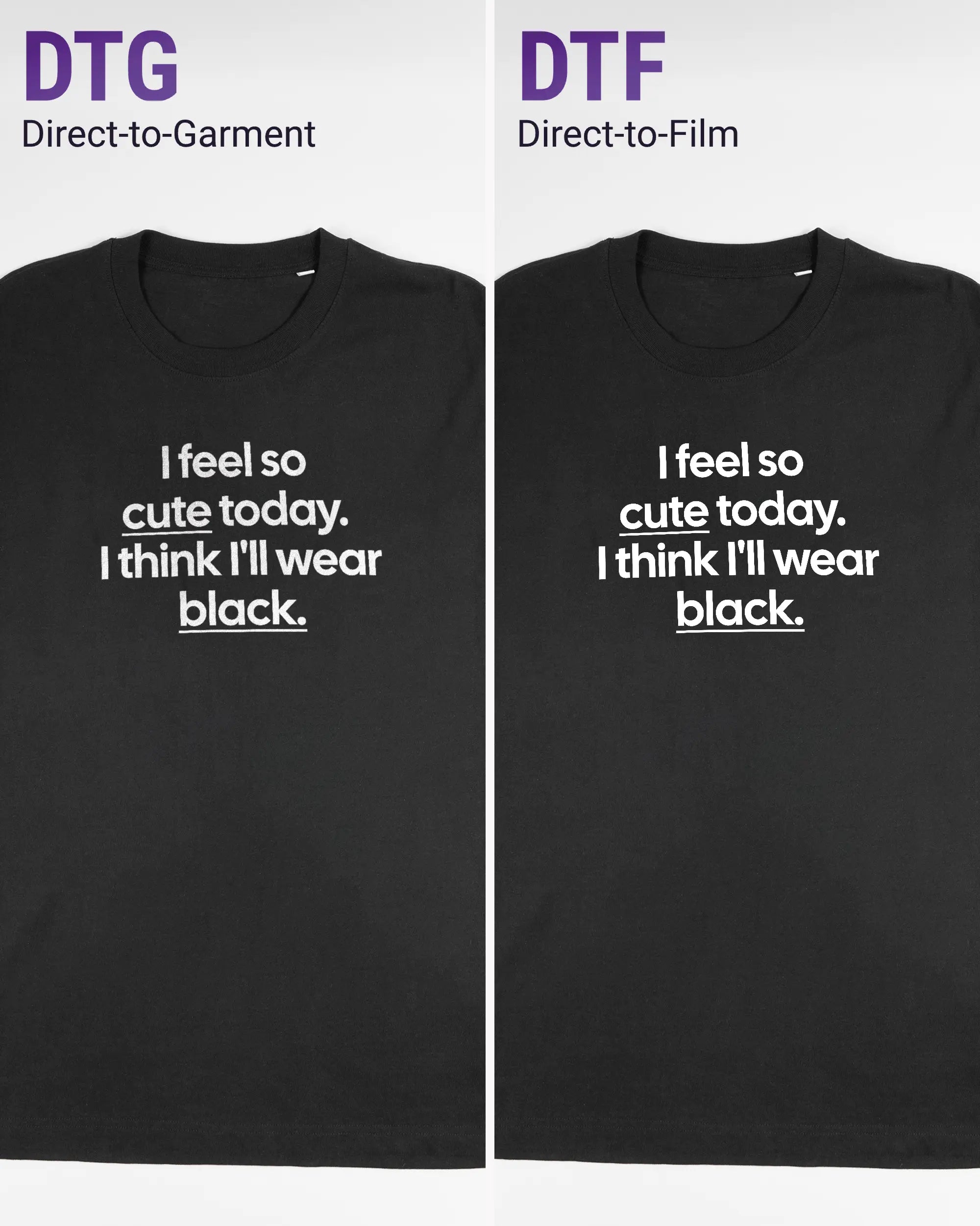 Vergleich der Vorderseiten des Organic Unisex T-Shirt Relaxed von Maondo mit dem Design Colorful Day in der Farbe Black und in der Größe L links mit dem Direct-to-Garment und rechts mit dem Direct-to-Film Verfahren