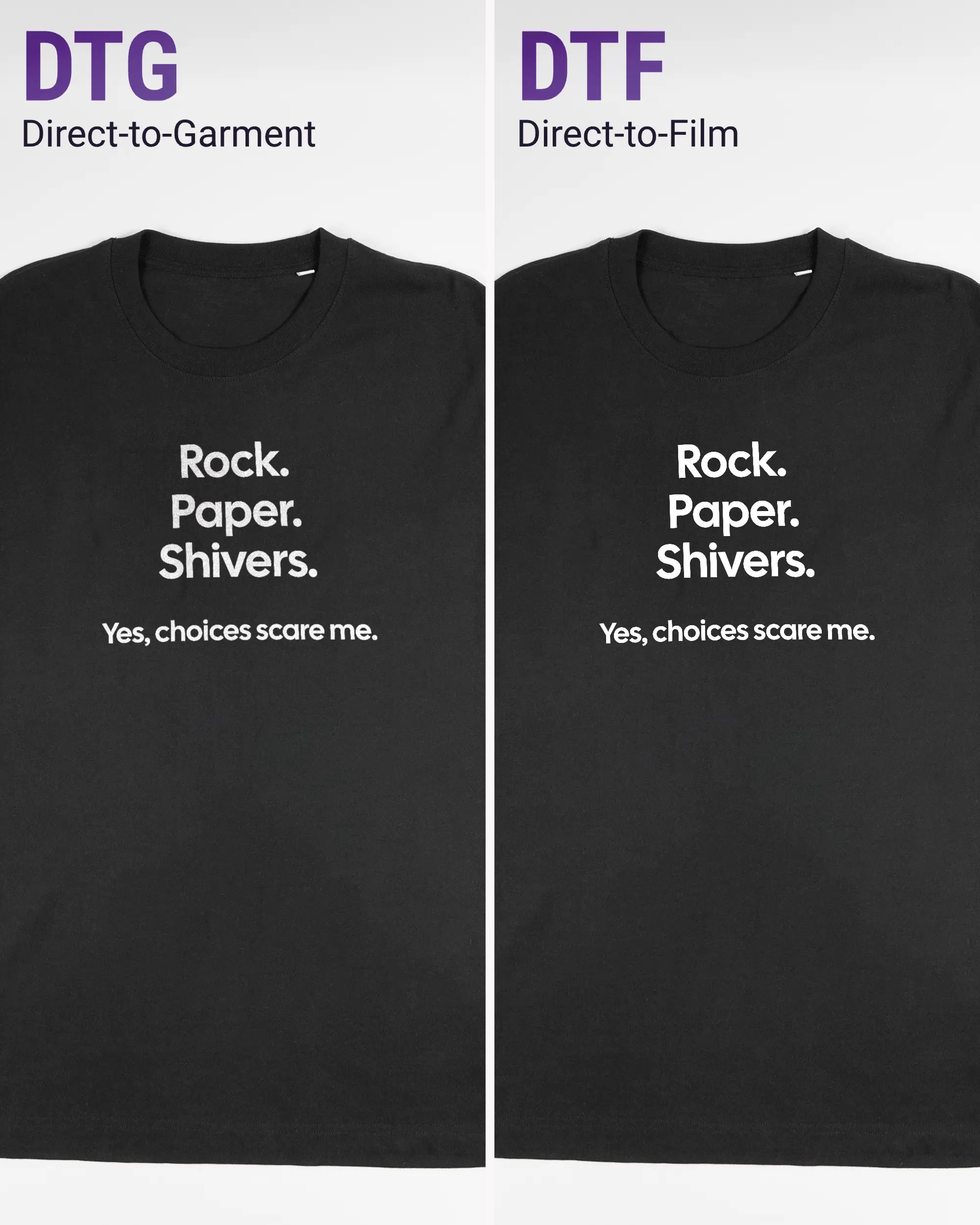 Vergleich der Vorderseiten des Organic Unisex T-Shirt Relaxed von Maondo mit dem Design Rock Paper Shivers in der Farbe Black und in der Größe L links mit dem Direct-to-Garment und rechts mit dem Direct-to-Film Verfahren