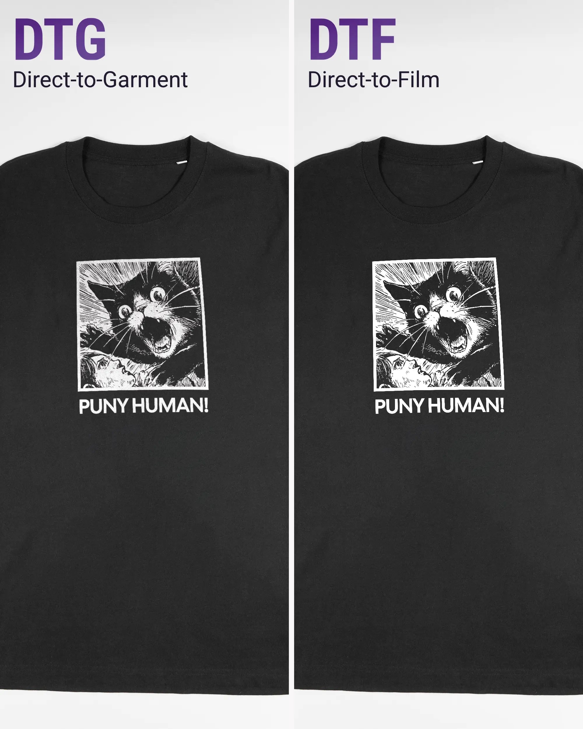 Vergleich der Vorderseiten des Organic Unisex T-Shirt Relaxed von Maondo mit dem Design Puny Human in der Farbe Black und in der Größe L links mit dem Direct-to-Garment und rechts mit dem Direct-to-Film Verfahren