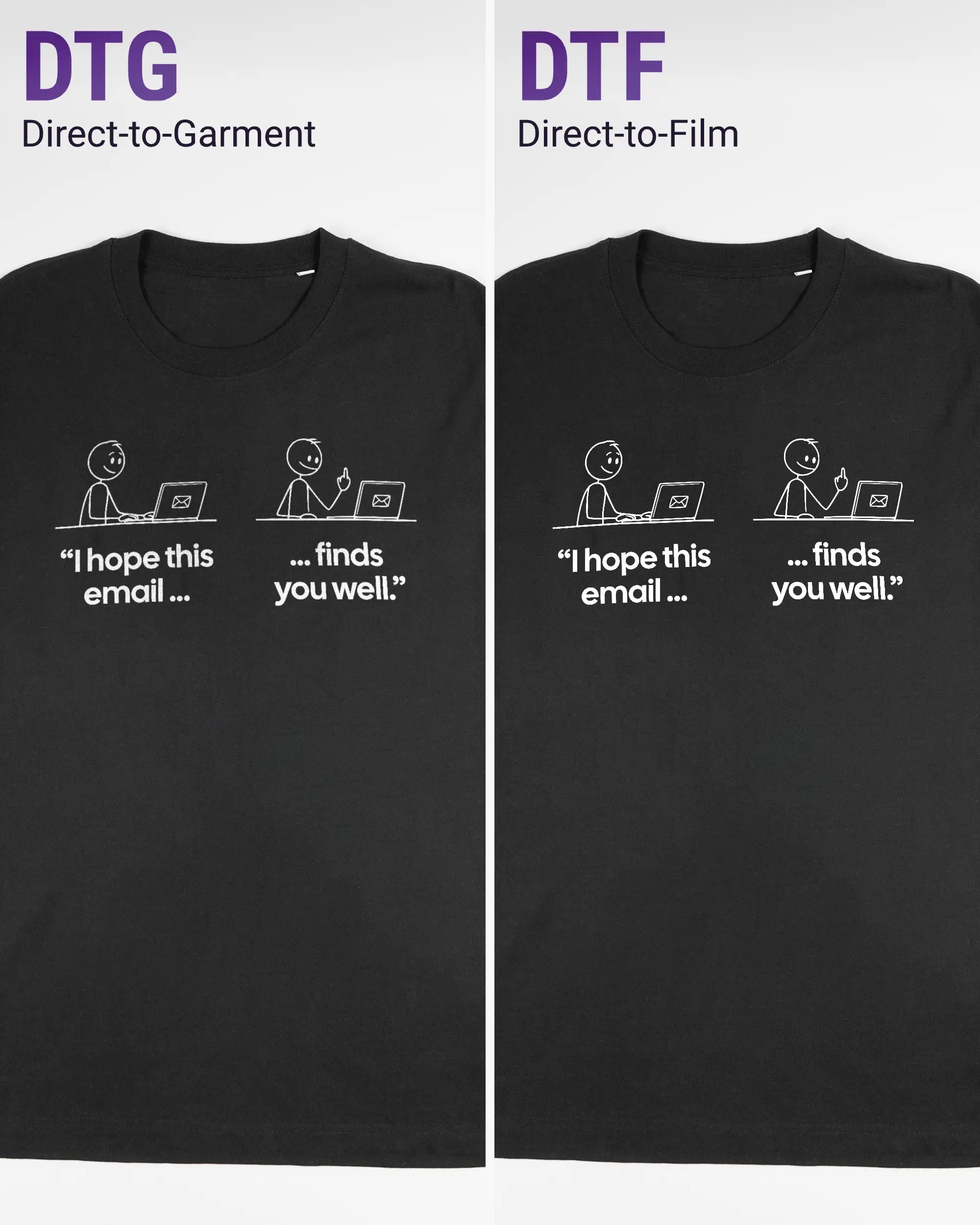 Vergleich der Vorderseiten des Organic Unisex T-Shirt Relaxed von Maondo mit dem Design Found me not well in der Farbe Black und in der Größe L links mit dem Direct-to-Garment und rechts mit dem Direct-to-Film Verfahren