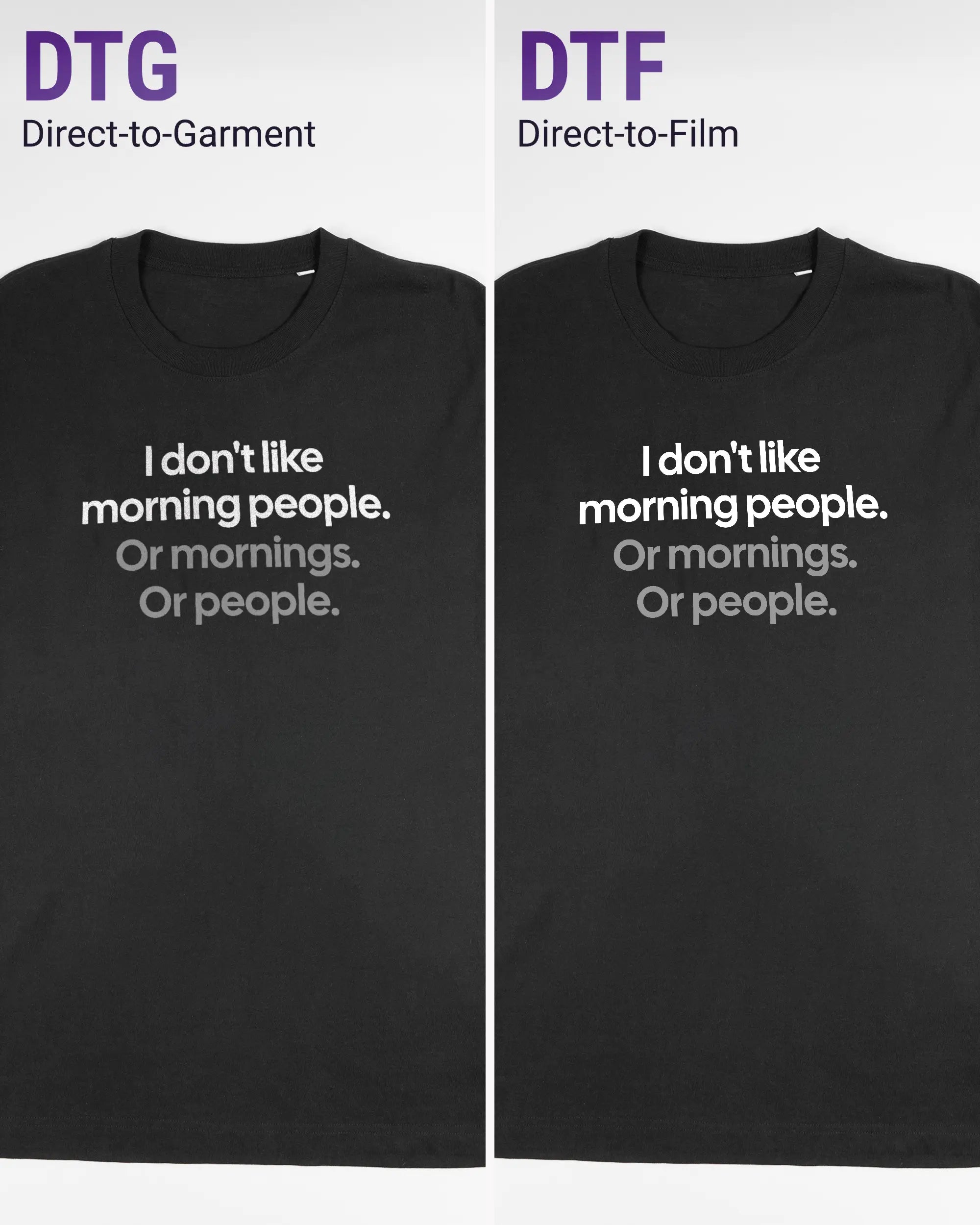 Vergleich der Vorderseiten des Organic Unisex T-Shirt Relaxed von Maondo mit dem Design Morning Person in der Farbe Black und in der Größe L links mit dem Direct-to-Garment und rechts mit dem Direct-to-Film Verfahren