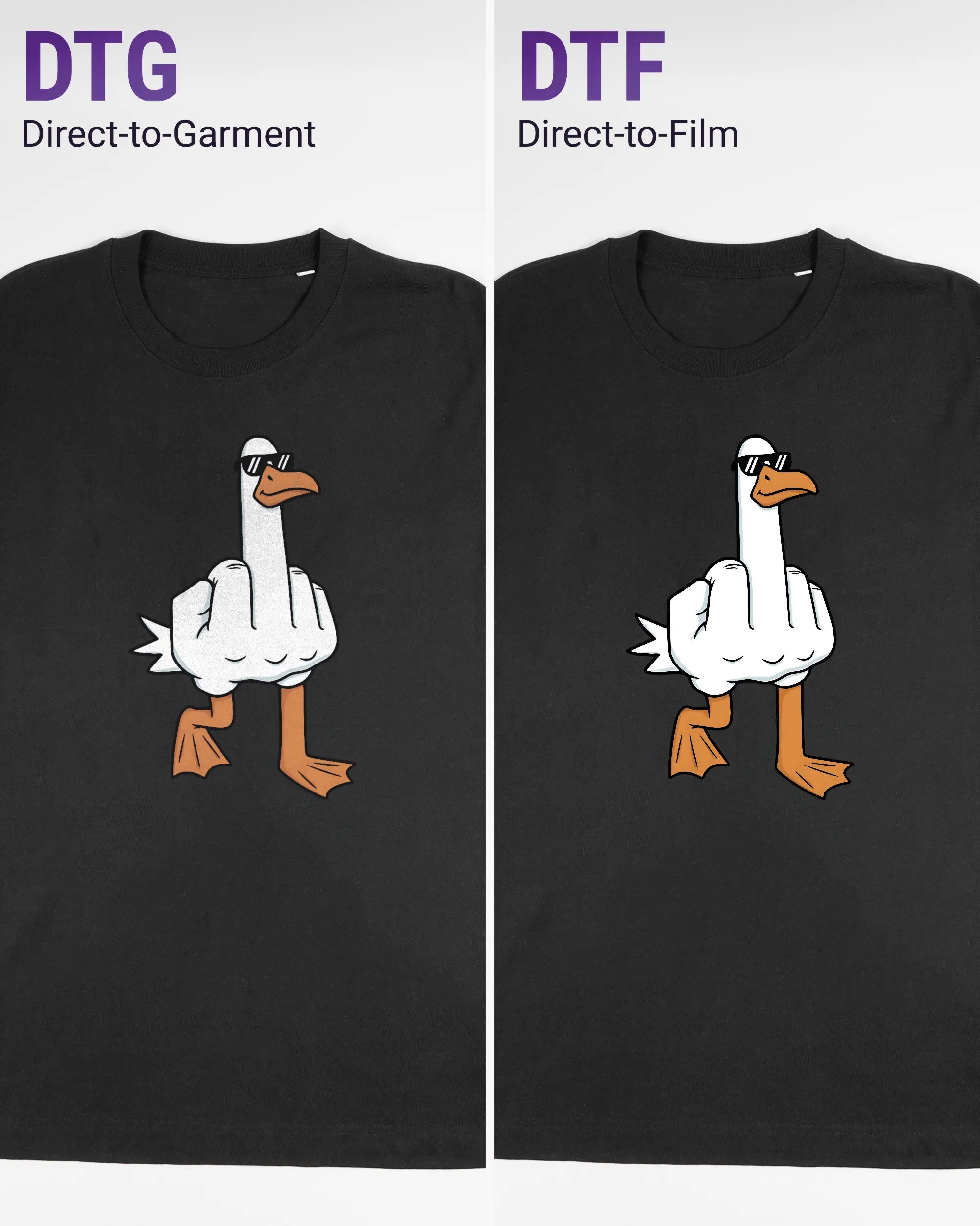 Vergleich der Vorderseiten des Organic Unisex T-Shirt Relaxed von Maondo mit dem Design I give a duck in der Farbe Black und in der Größe L links mit dem Direct-to-Garment und rechts mit dem Direct-to-Film Verfahren