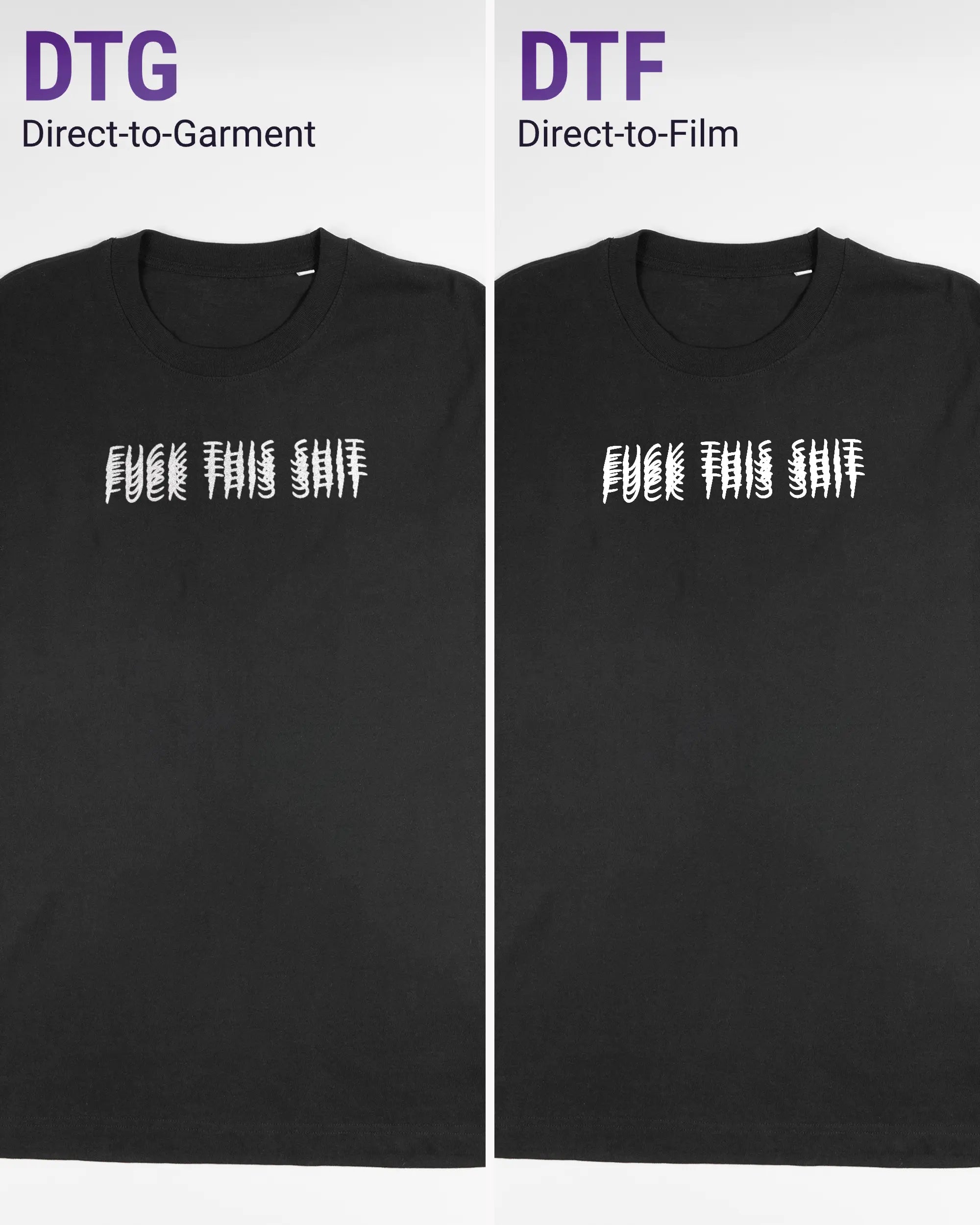 Vergleich der Vorderseiten des Organic Unisex T-Shirt Relaxed von Maondo mit dem Design Hidden Message in der Farbe Black und in der Größe L links mit dem Direct-to-Garment und rechts mit dem Direct-to-Film Verfahren