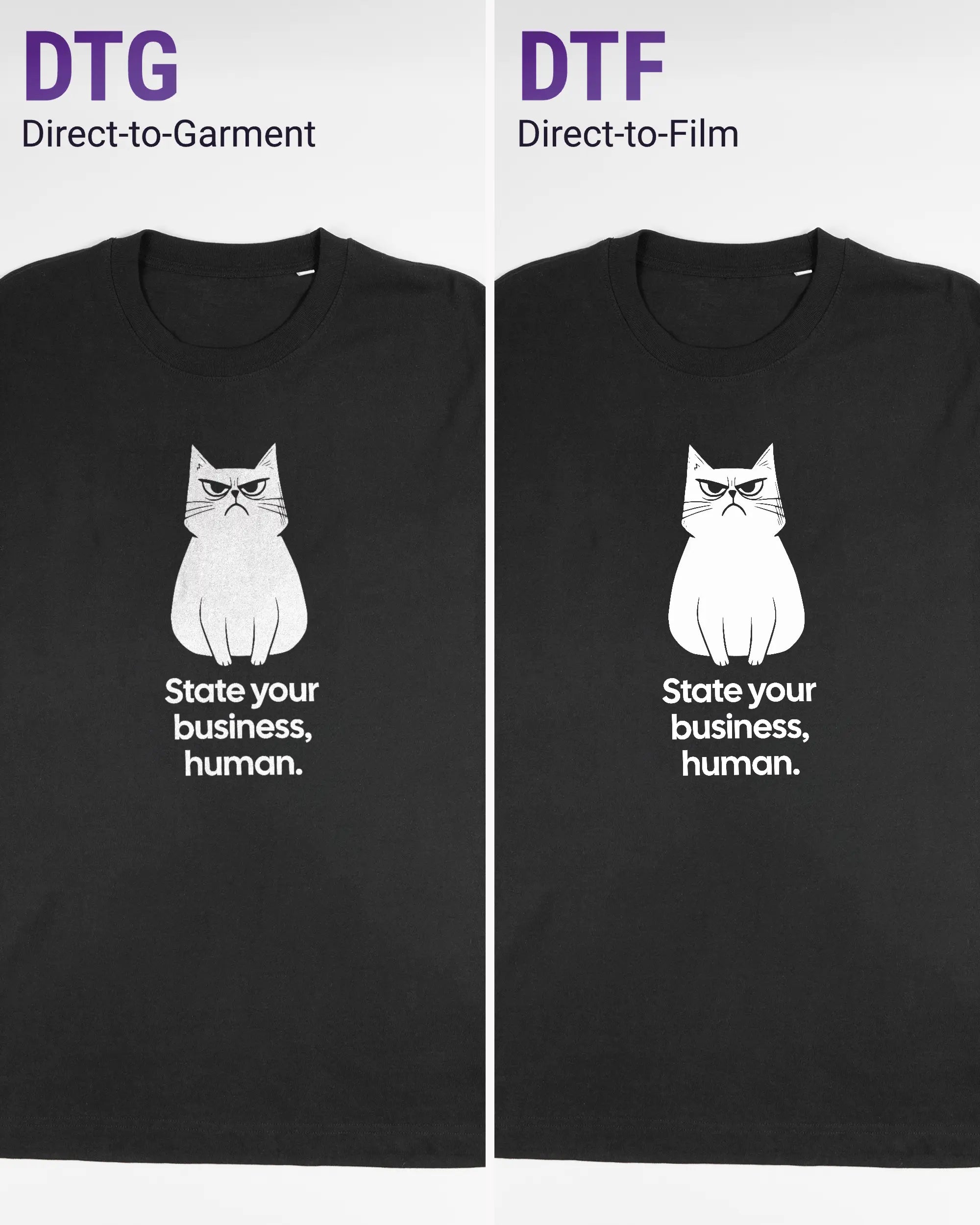 Vergleich der Vorderseiten des Organic Unisex T-Shirt Relaxed von Maondo mit dem Design Grumpy Purr in der Farbe Black und in der Größe L links mit dem Direct-to-Garment und rechts mit dem Direct-to-Film Verfahren