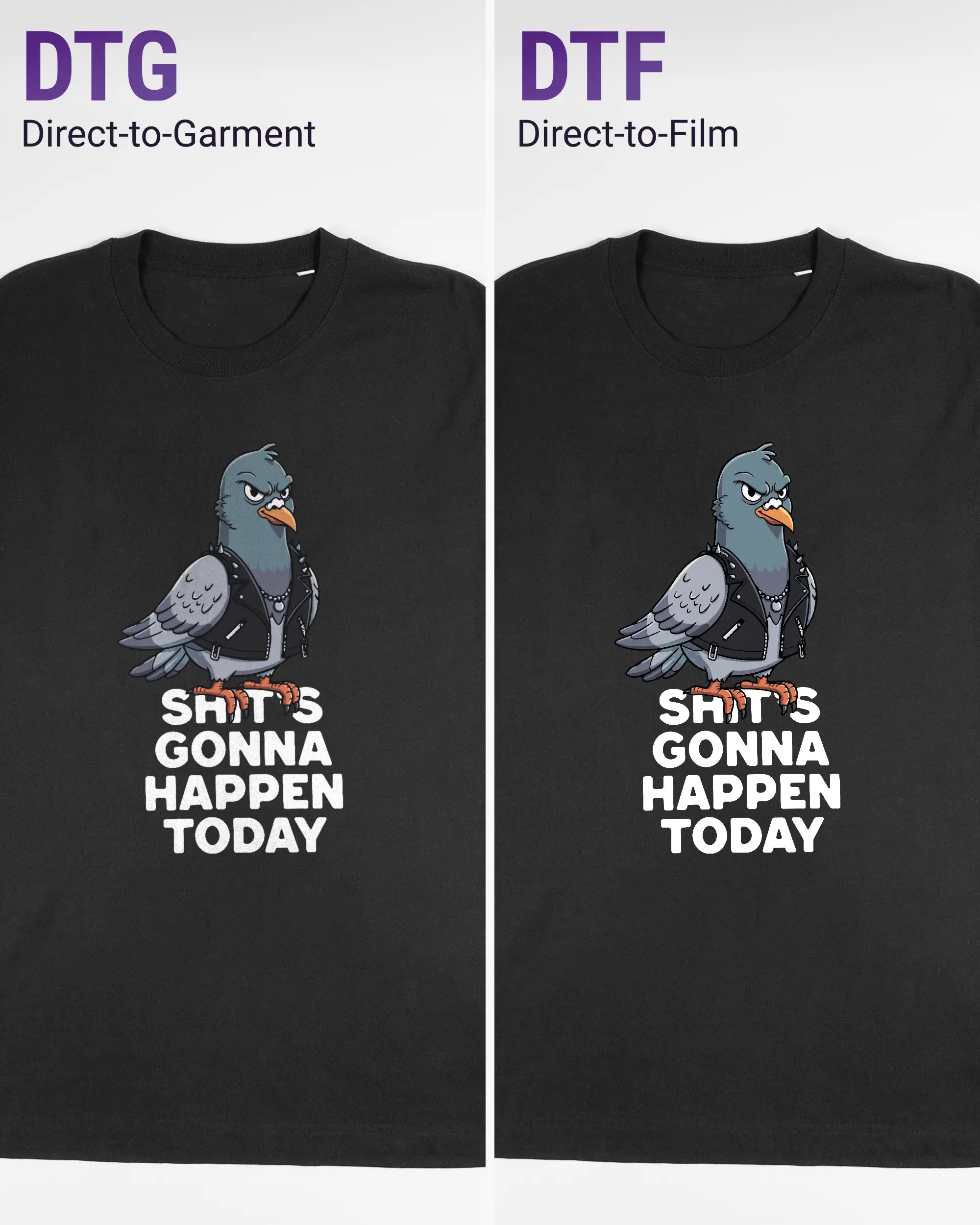 Vergleich der Vorderseiten des Organic Unisex T-Shirt Relaxed von Maondo mit dem Design Pigeon Pun in der Farbe Black und in der Größe L links mit dem Direct-to-Garment und rechts mit dem Direct-to-Film Verfahren