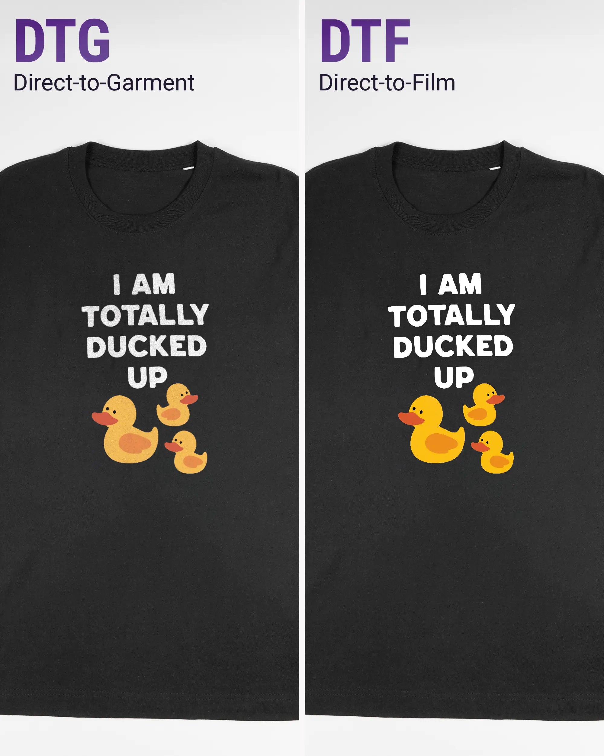 Vergleich der Vorderseiten des Organic Unisex T-Shirt Relaxed von Maondo mit dem Design Ducked Up in der Farbe Black und in der Größe L links mit dem Direct-to-Garment und rechts mit dem Direct-to-Film Verfahren