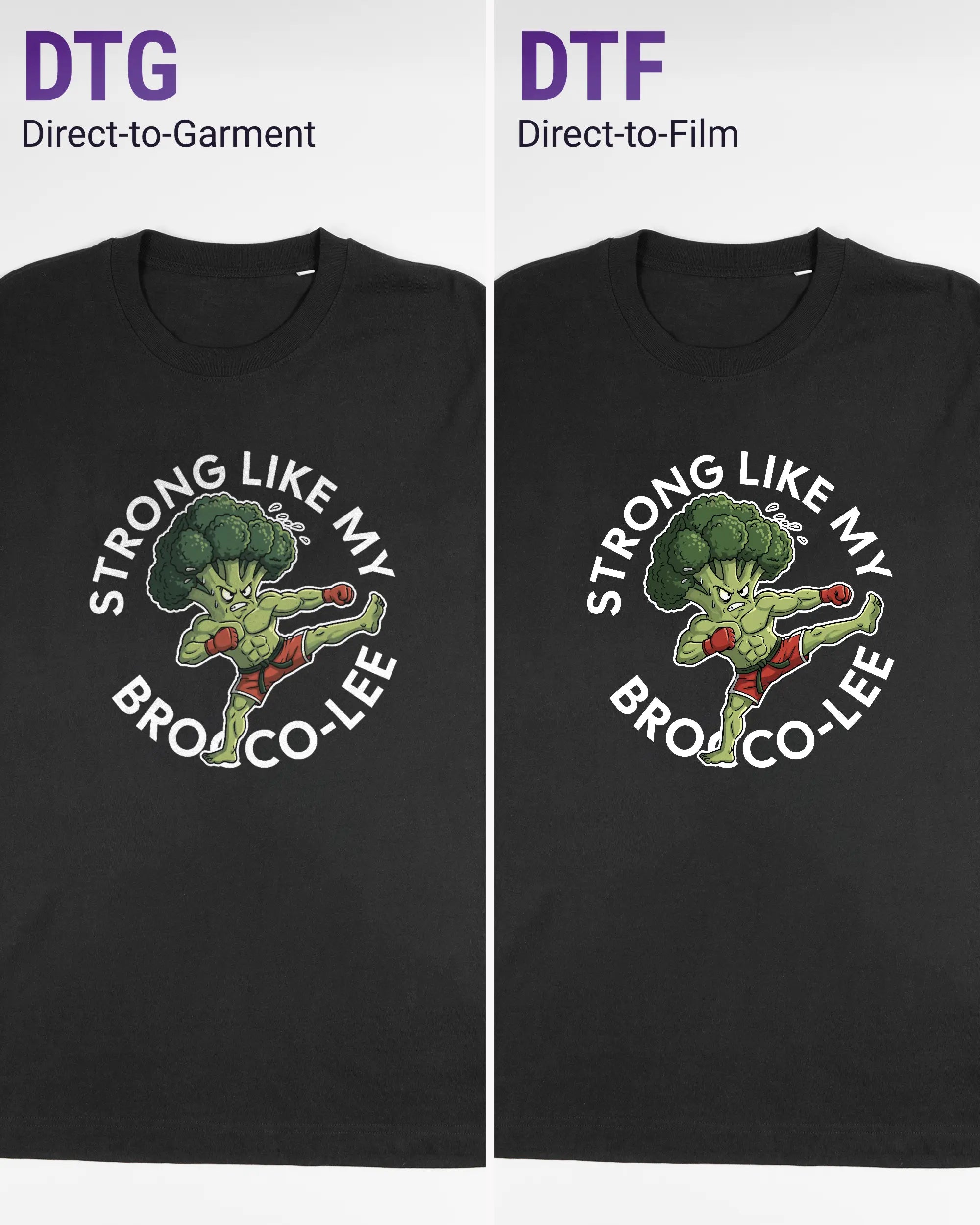 Vergleich der Vorderseiten des Organic Unisex T-Shirt Relaxed von Maondo mit dem Design Brocco-Lee in der Farbe Black und in der Größe L links mit dem Direct-to-Garment und rechts mit dem Direct-to-Film Verfahren