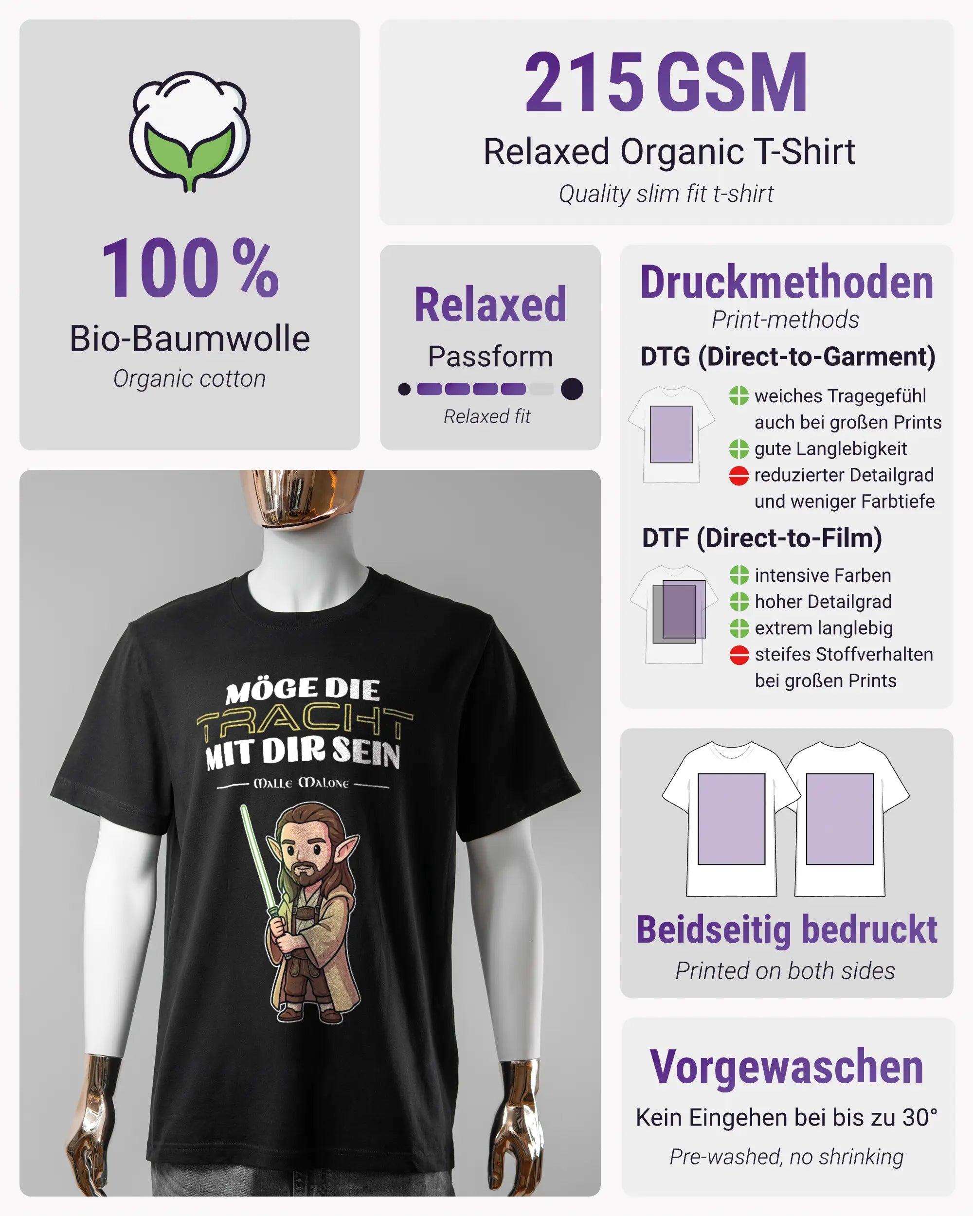 Produktinformationsblatt des Organic Unisex T-Shirt Relaxed von Maondo mit dem Design Tracht mit dir vorne in der Farbe Black und in der Größe S