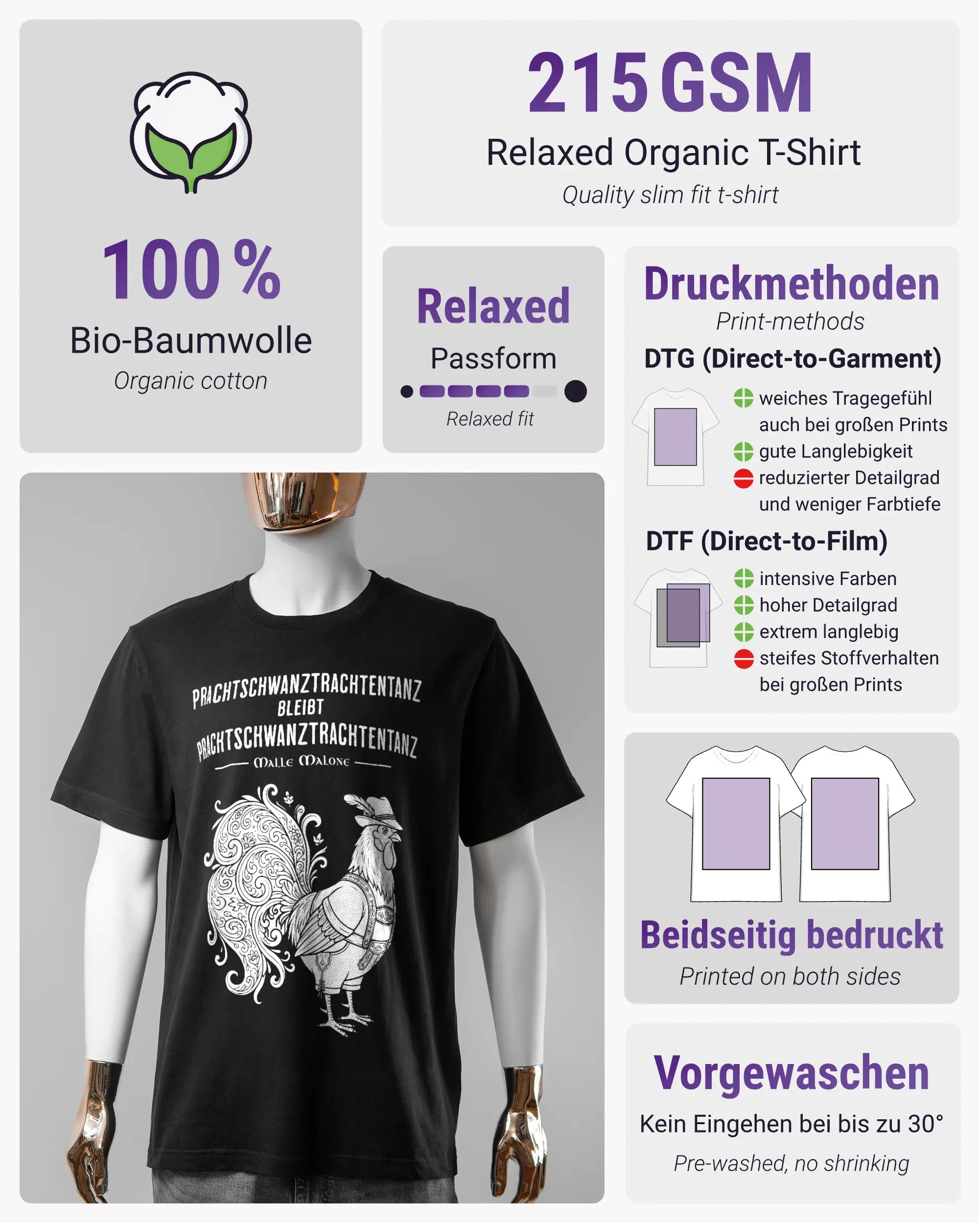 Produktinformationsblatt des Organic Unisex T-Shirt Relaxed von Maondo mit dem Design Trachtentanz vorne in der Farbe Black und in der Größe S