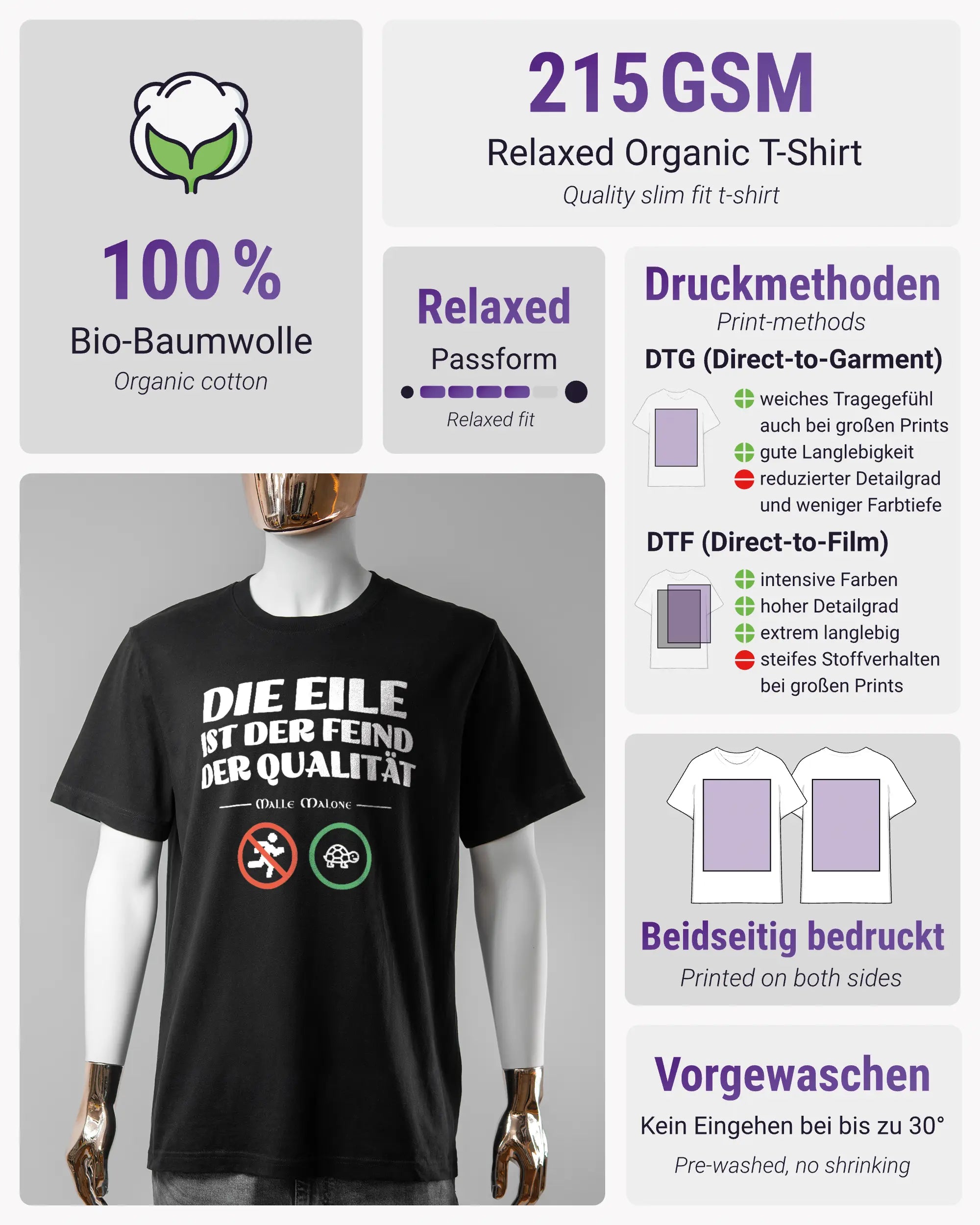 Produktinformationsblatt des Organic Unisex T-Shirt Relaxed von Maondo mit dem Design Keine Eile vorne in der Farbe Black und in der Größe S