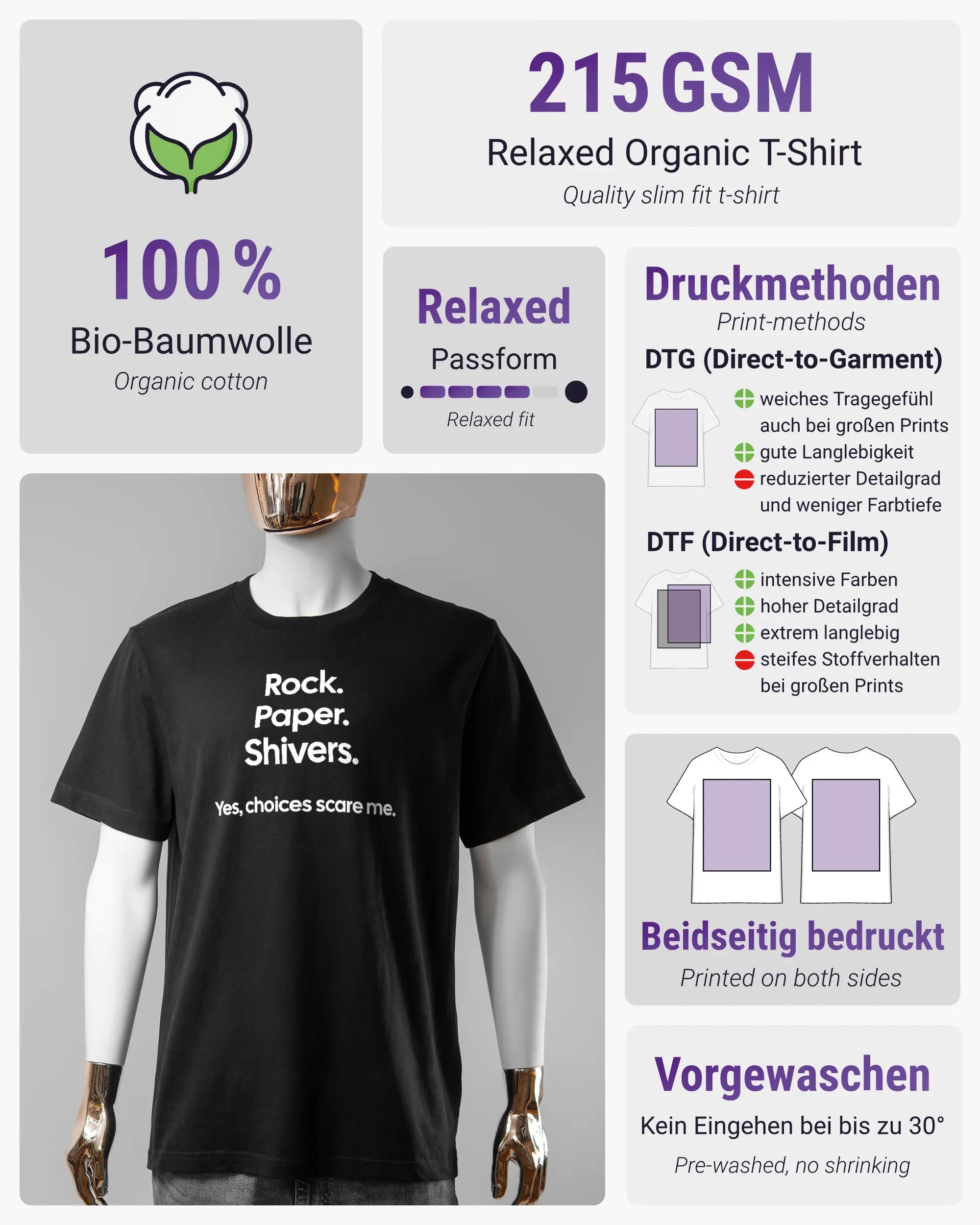 Produktinformationsblatt des Organic Unisex T-Shirt Relaxed von Maondo mit dem Design Rock Paper Shivers vorne in der Farbe Black und in der Größe S