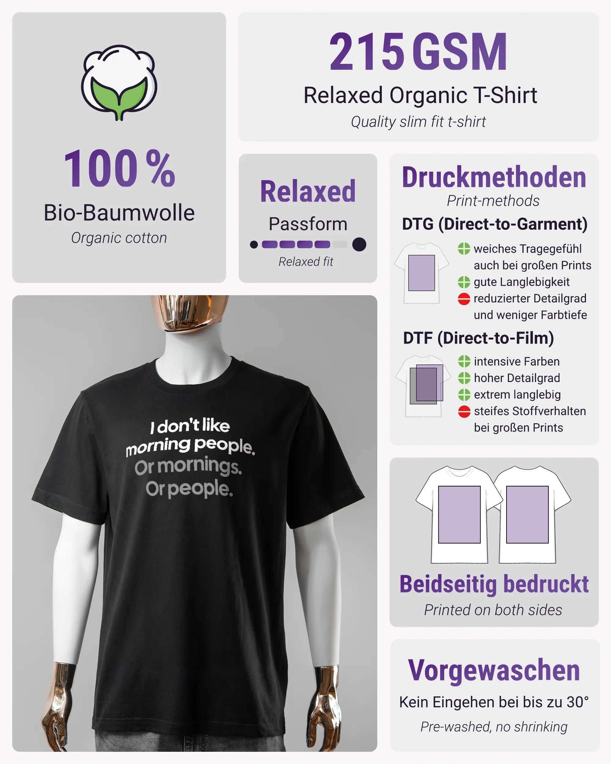 Produktinformationsblatt des Organic Unisex T-Shirt Relaxed von Maondo mit dem Design Morning Person vorne in der Farbe Black und in der Größe S