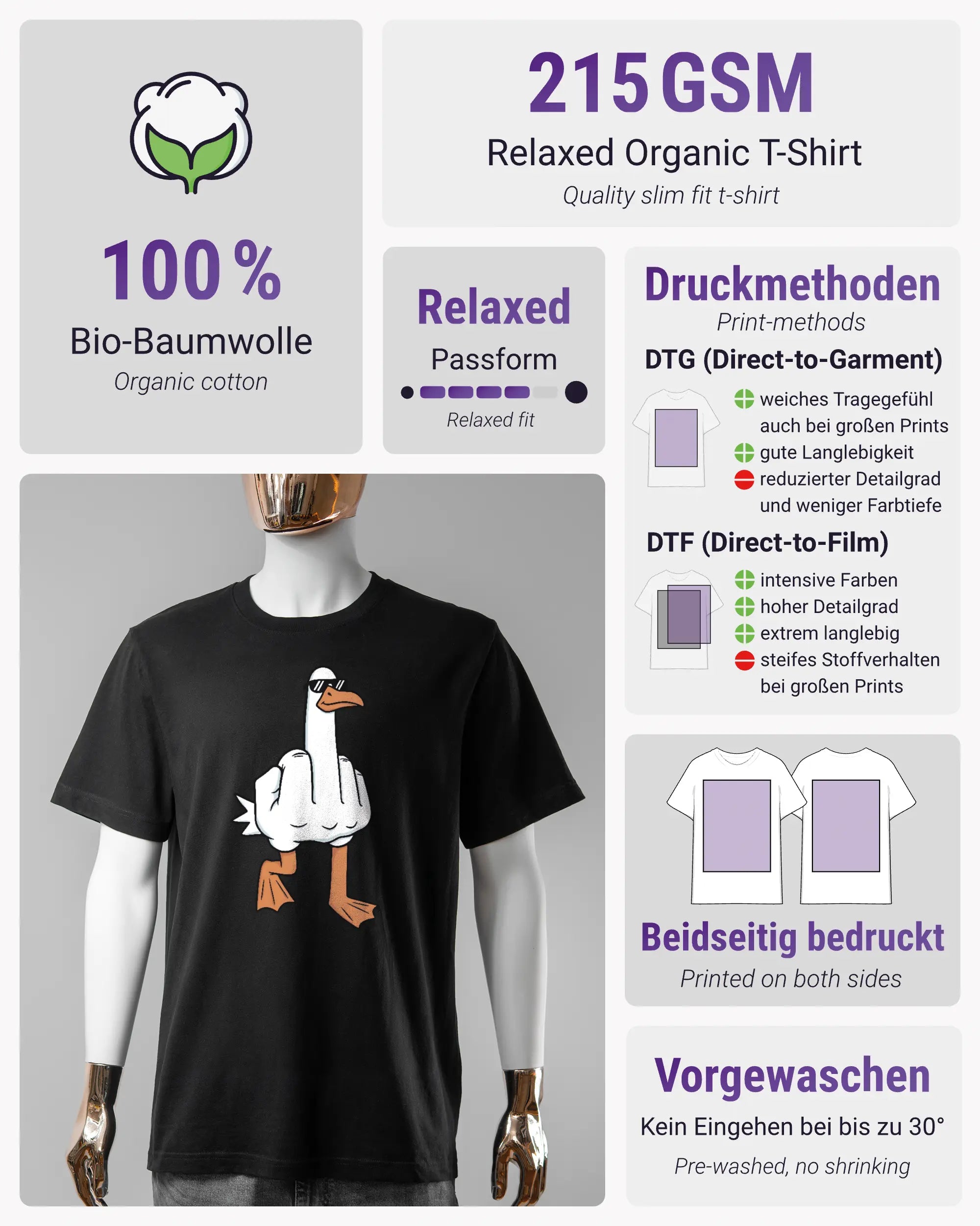 Produktinformationsblatt des Organic Unisex T-Shirt Relaxed von Maondo mit dem Design I give a duck vorne in der Farbe Black und in der Größe S