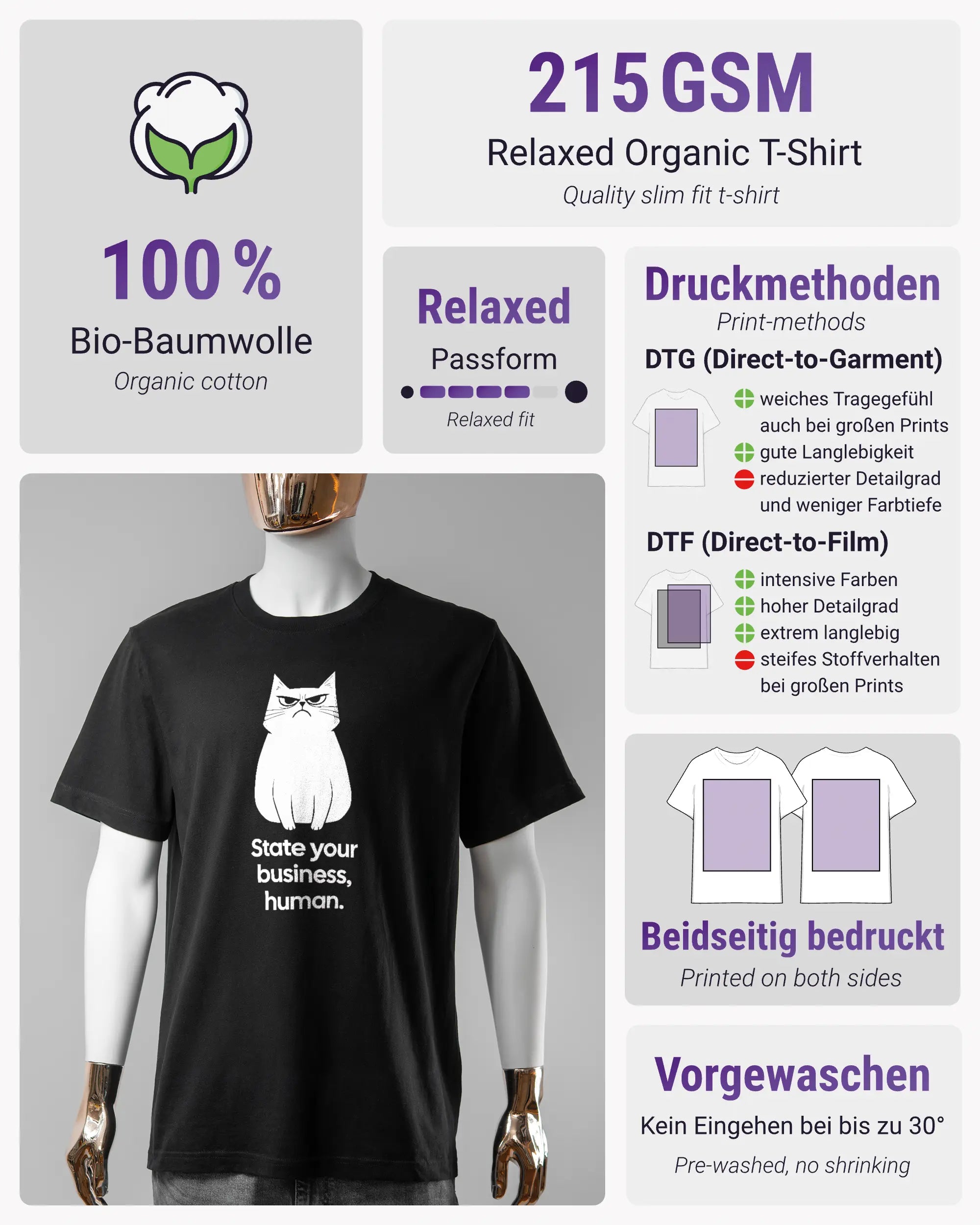 Produktinformationsblatt des Organic Unisex T-Shirt Relaxed von Maondo mit dem Design Grumpy Purr vorne in der Farbe Black und in der Größe S