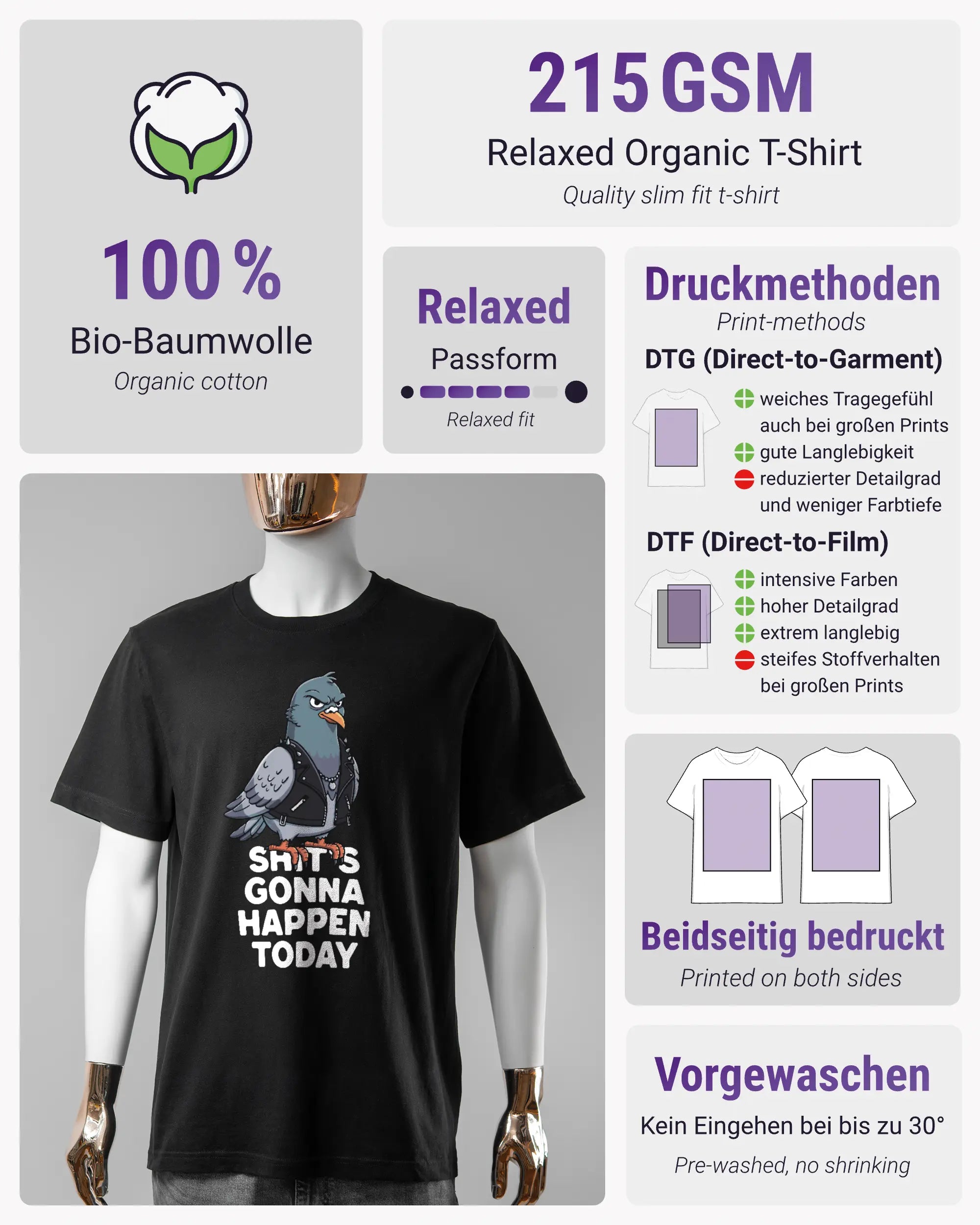 Produktinformationsblatt des Organic Unisex T-Shirt Relaxed von Maondo mit dem Design Pigeon Pun vorne in der Farbe Black und in der Größe S