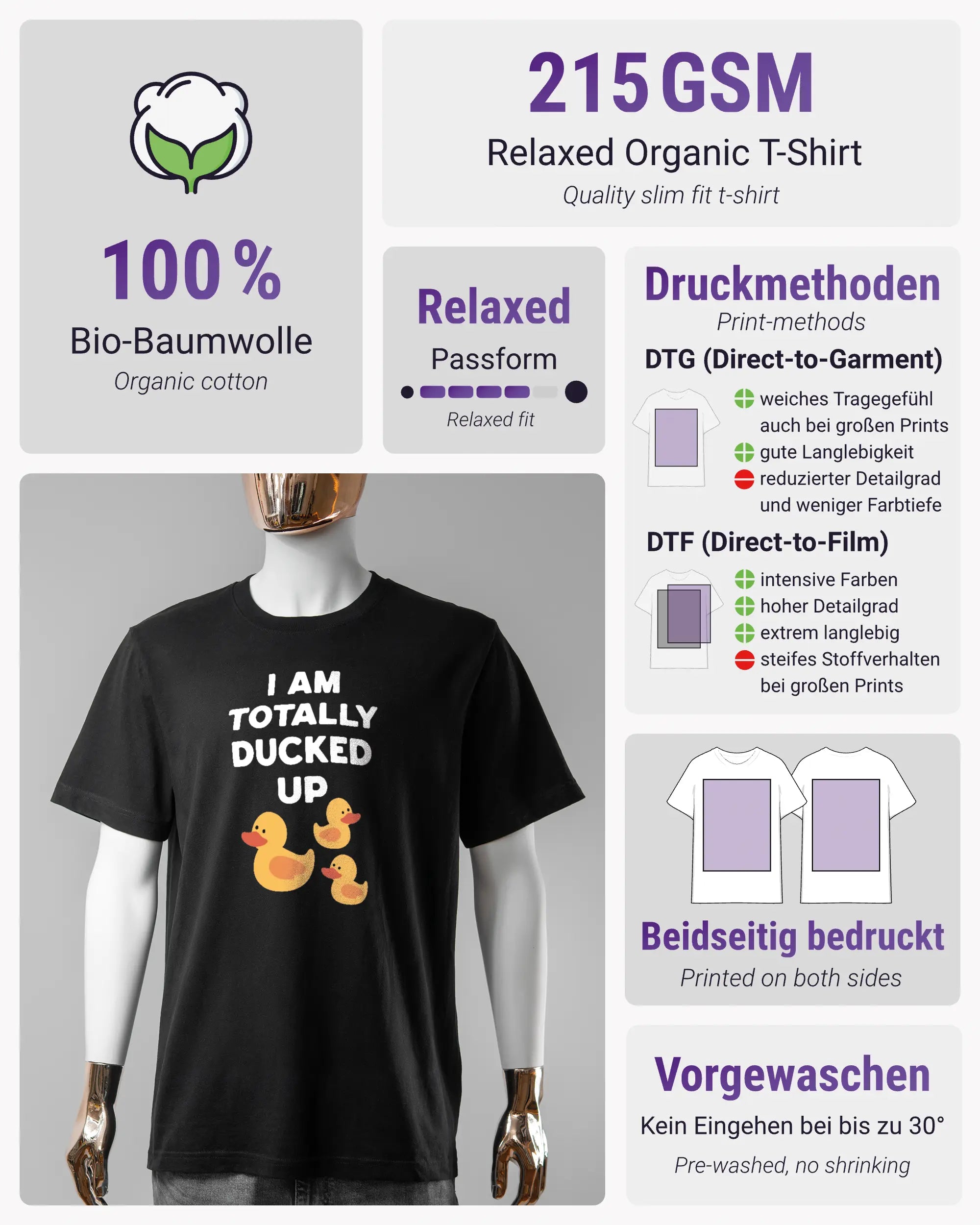 Produktinformationsblatt des Organic Unisex T-Shirt Relaxed von Maondo mit dem Design Ducked Up vorne in der Farbe Black und in der Größe S
