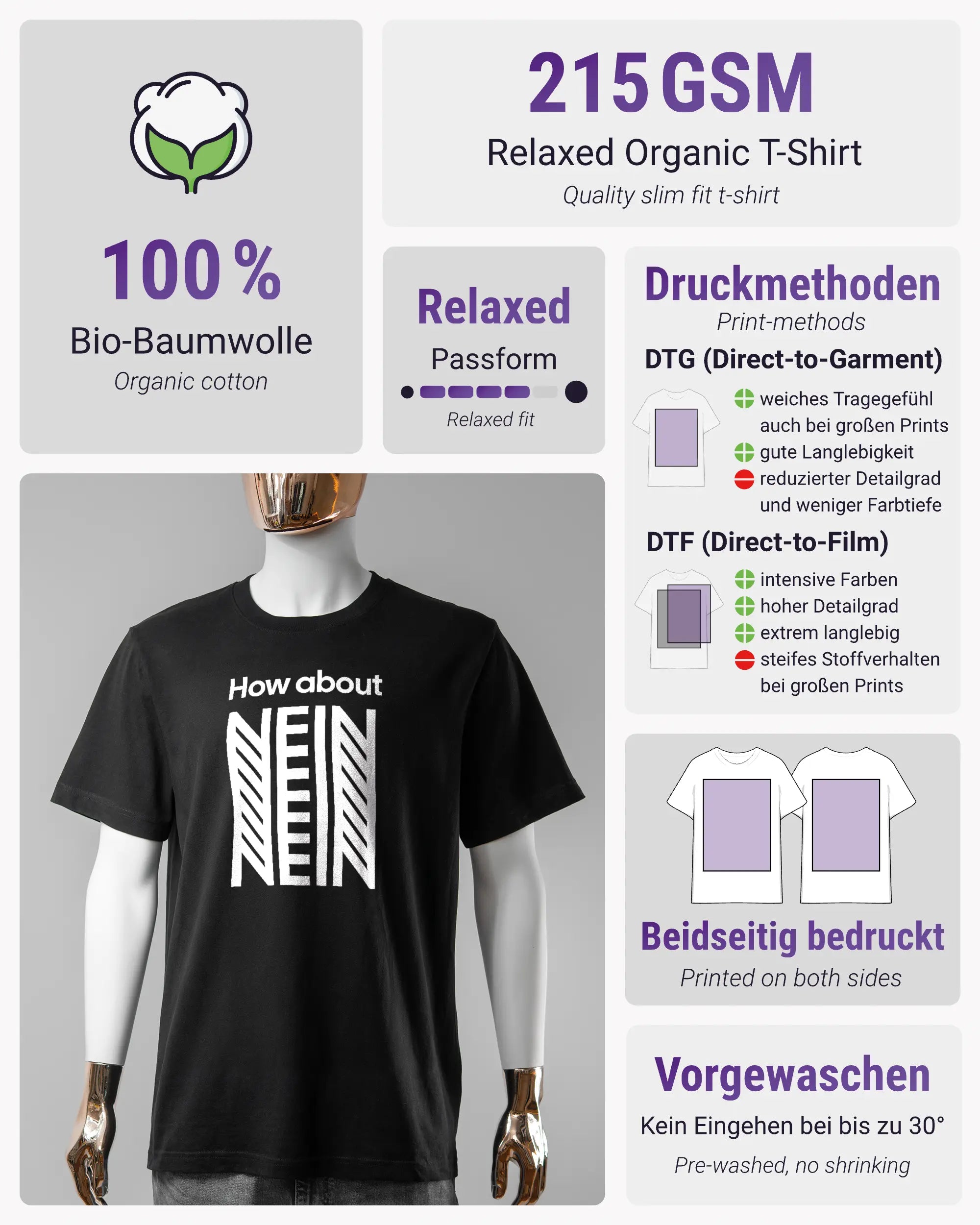 Produktinformationsblatt des Organic Unisex T-Shirt Relaxed von Maondo mit dem Design How about nein vorne in der Farbe Black und in der Größe S
