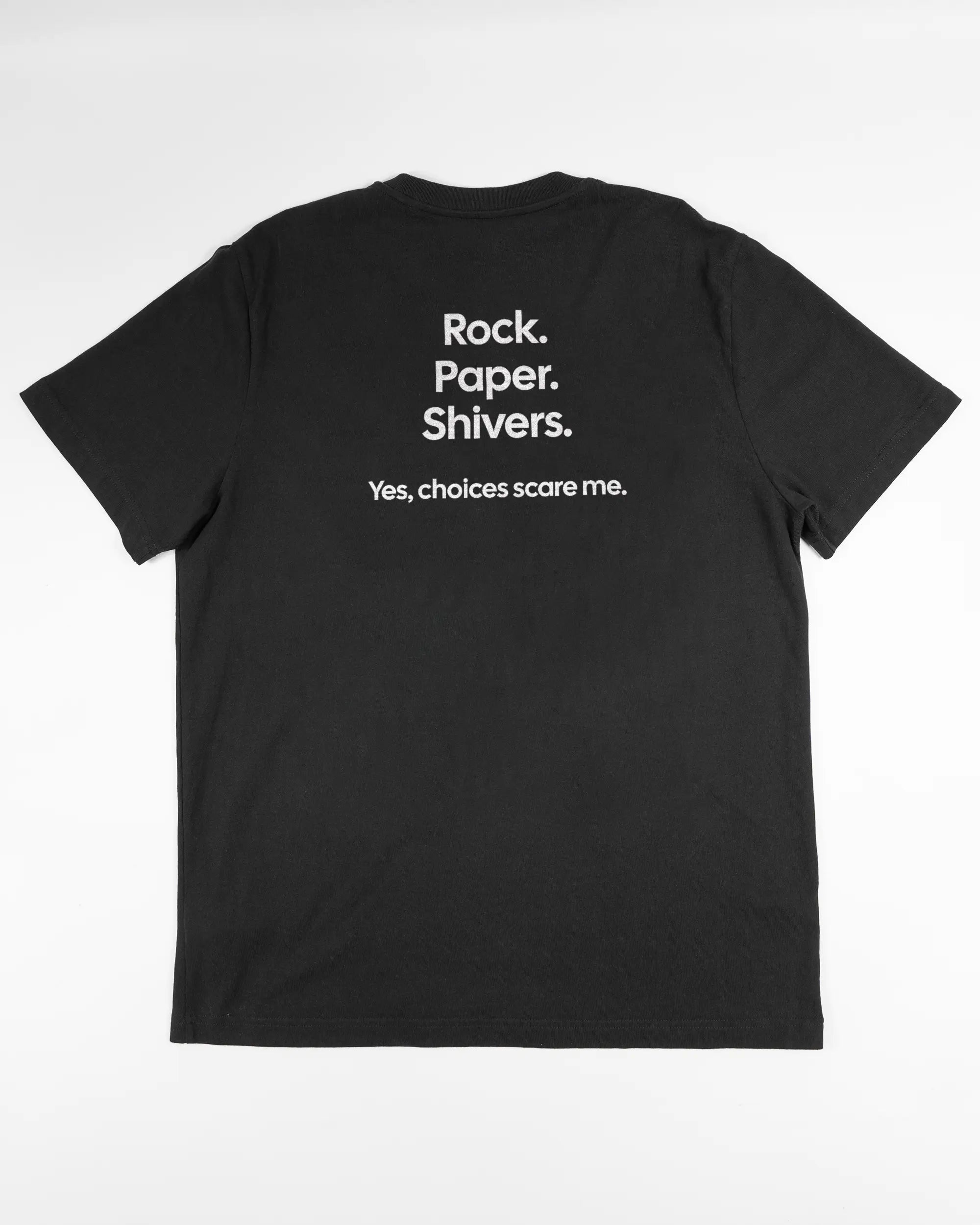 Rückseite des Organic Unisex T-Shirt Relaxed von Maondo mit dem Design Rock Paper Shivers in der Farbe Black und in der Größe L flach auf den Boden gelegt