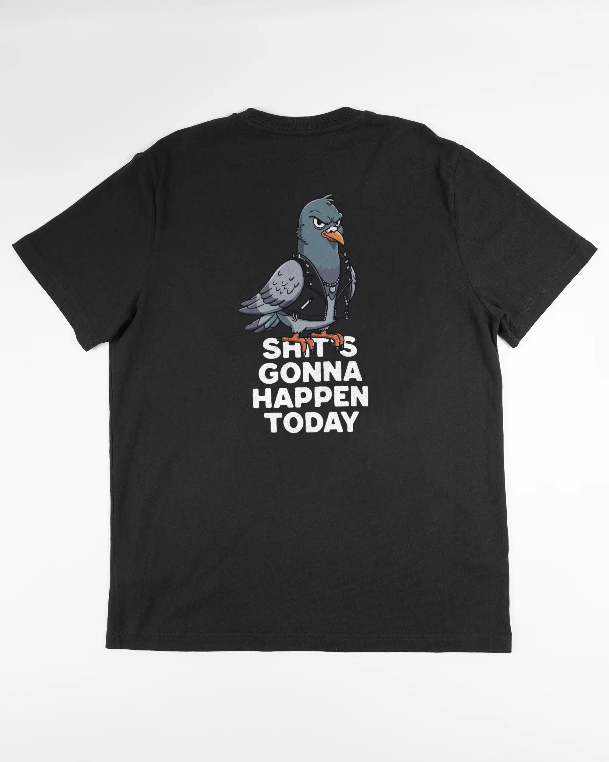 Rückseite des Organic Unisex T-Shirt Relaxed von Maondo mit dem Design Pigeon Pun in der Farbe Black und in der Größe L flach auf den Boden gelegt