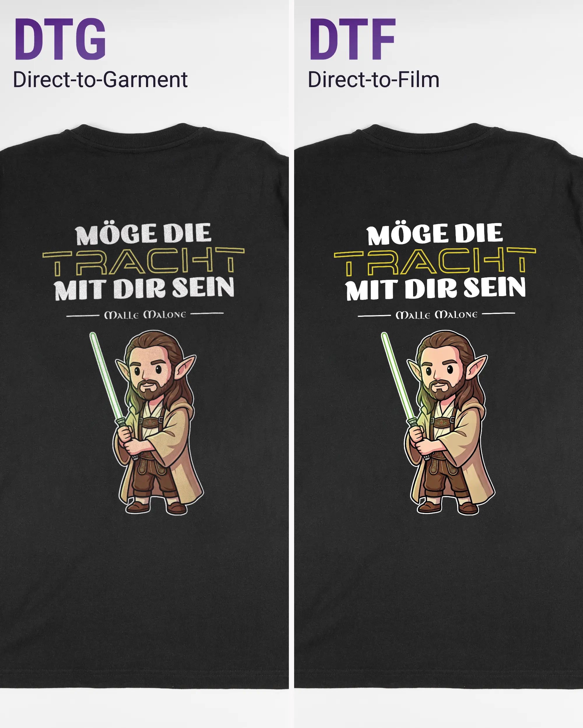 Vergleich der Rückseiten des Organic Unisex T-Shirt Relaxed von Maondo mit dem Design Tracht mit dir in der Farbe Black und in der Größe L links mit dem Direct-to-Garment und rechts mit dem Direct-to-Film Verfahren