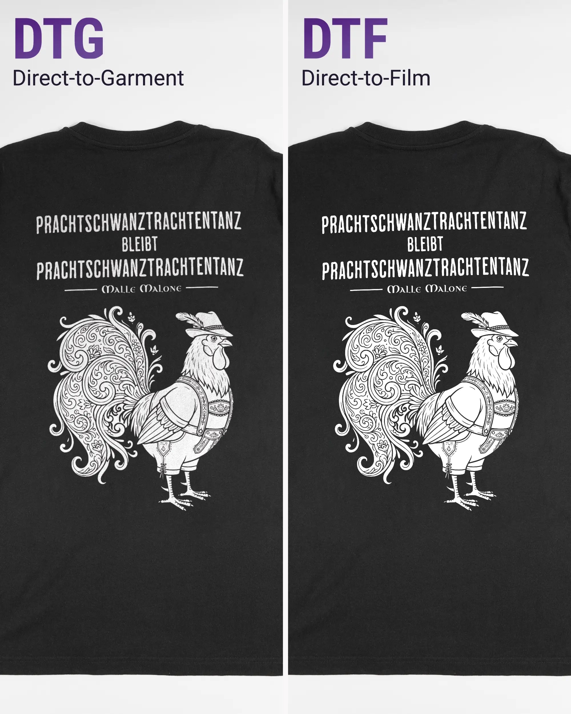Vergleich der Rückseiten des Organic Unisex T-Shirt Relaxed von Maondo mit dem Design Trachtentanz in der Farbe Black und in der Größe L links mit dem Direct-to-Garment und rechts mit dem Direct-to-Film Verfahren