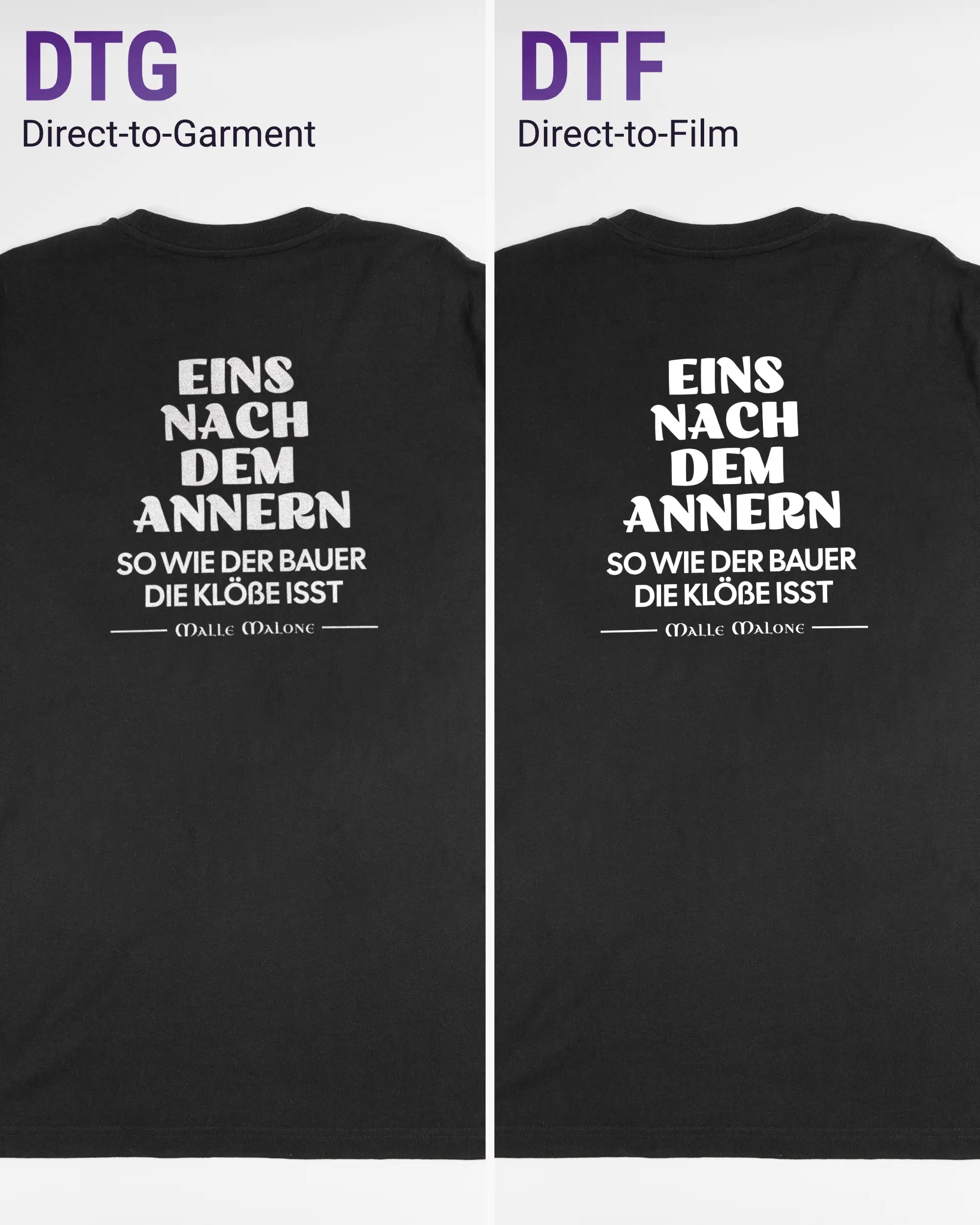 Vergleich der Rückseiten des Organic Unisex T-Shirt Relaxed von Maondo mit dem Design Eins nach dem Annern in der Farbe Black und in der Größe L links mit dem Direct-to-Garment und rechts mit dem Direct-to-Film Verfahren