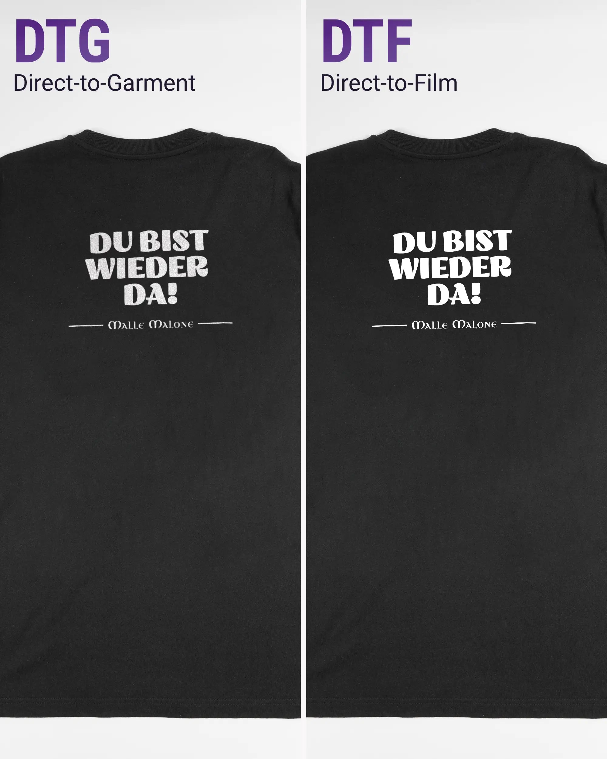 Vergleich der Rückseiten des Organic Unisex T-Shirt Relaxed von Maondo mit dem Design Wieder da in der Farbe Black und in der Größe L links mit dem Direct-to-Garment und rechts mit dem Direct-to-Film Verfahren