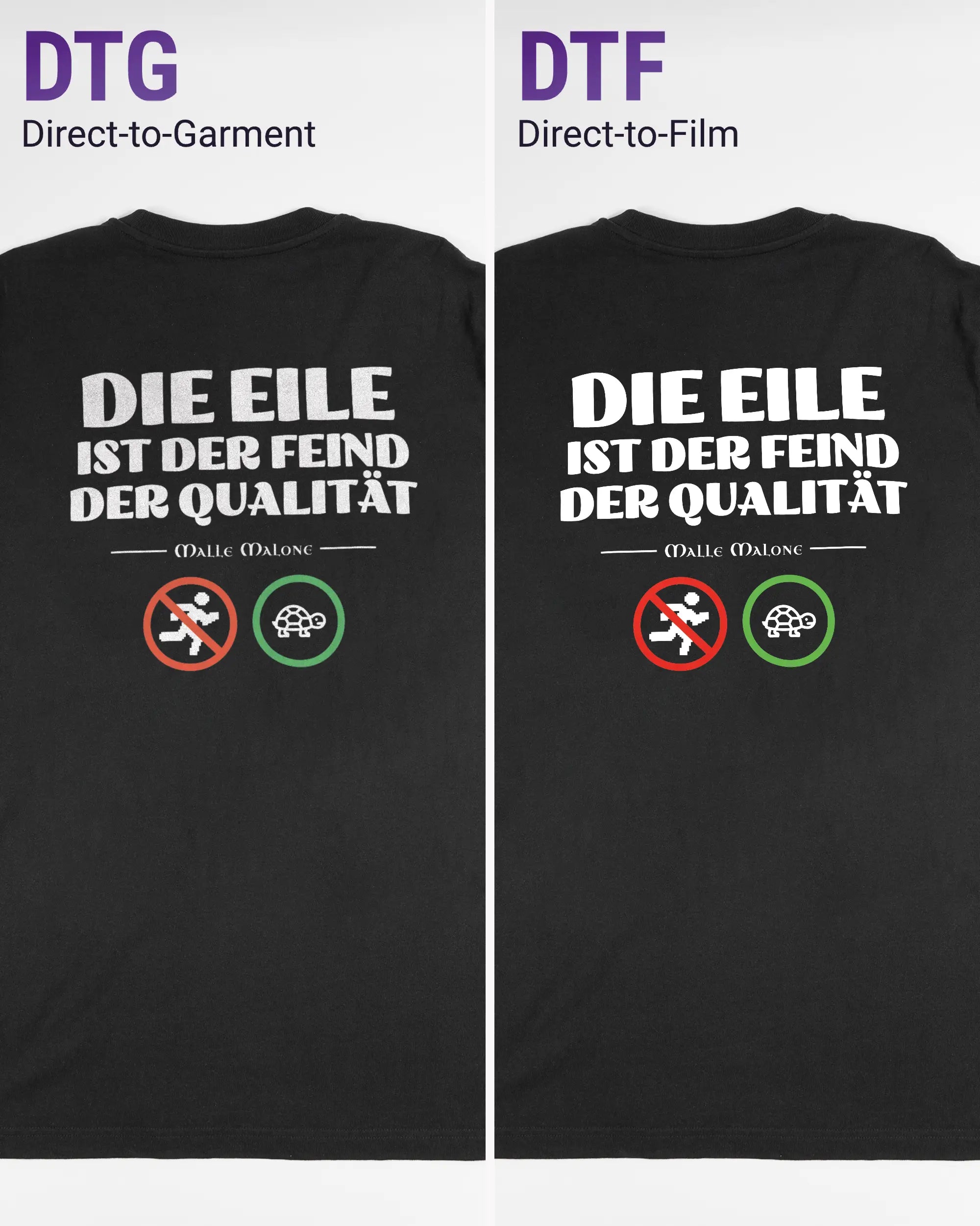 Vergleich der Rückseiten des Organic Unisex T-Shirt Relaxed von Maondo mit dem Design Keine Eile in der Farbe Black und in der Größe L links mit dem Direct-to-Garment und rechts mit dem Direct-to-Film Verfahren