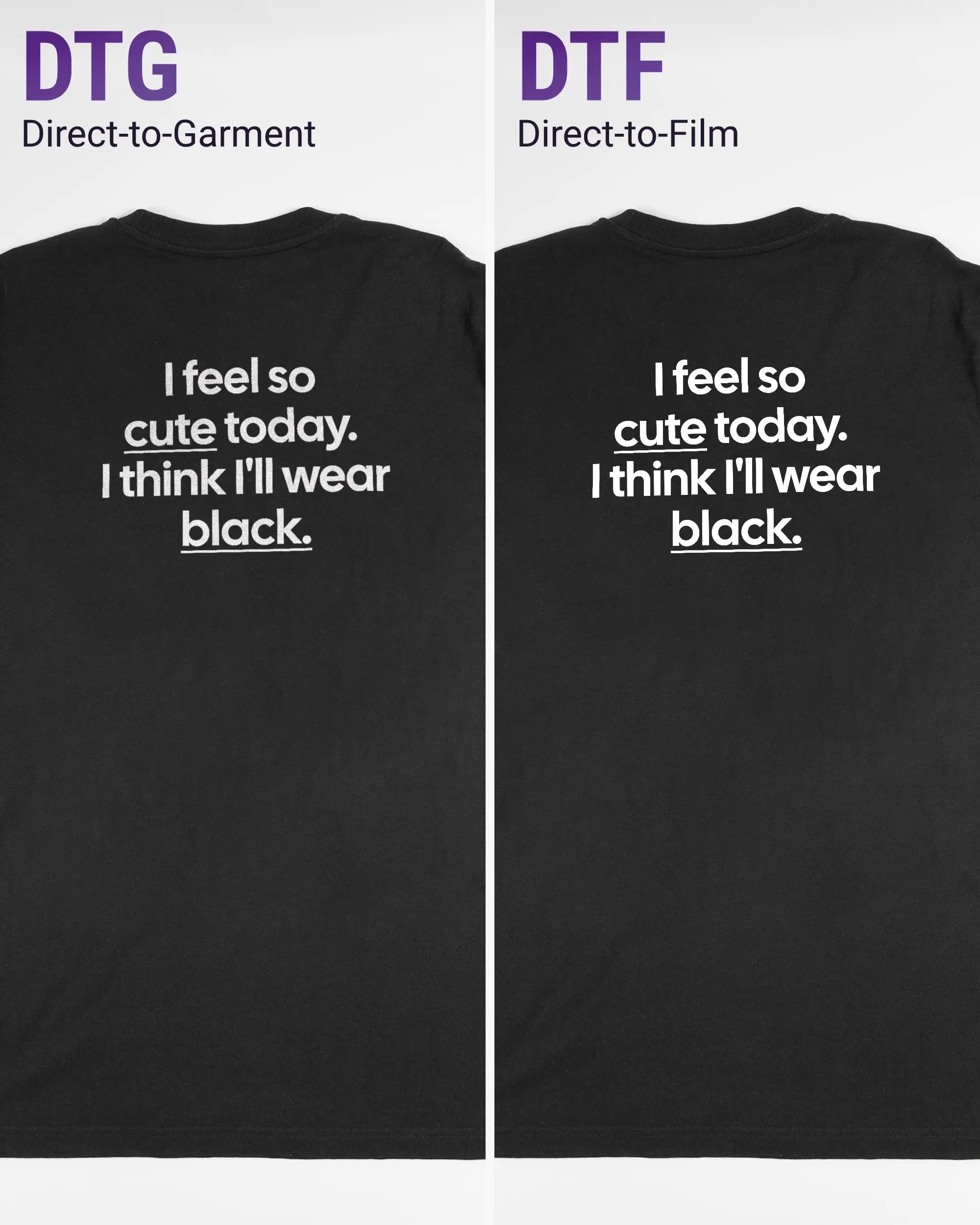 Vergleich der Rückseiten des Organic Unisex T-Shirt Relaxed von Maondo mit dem Design Colorful Day in der Farbe Black und in der Größe L links mit dem Direct-to-Garment und rechts mit dem Direct-to-Film Verfahren