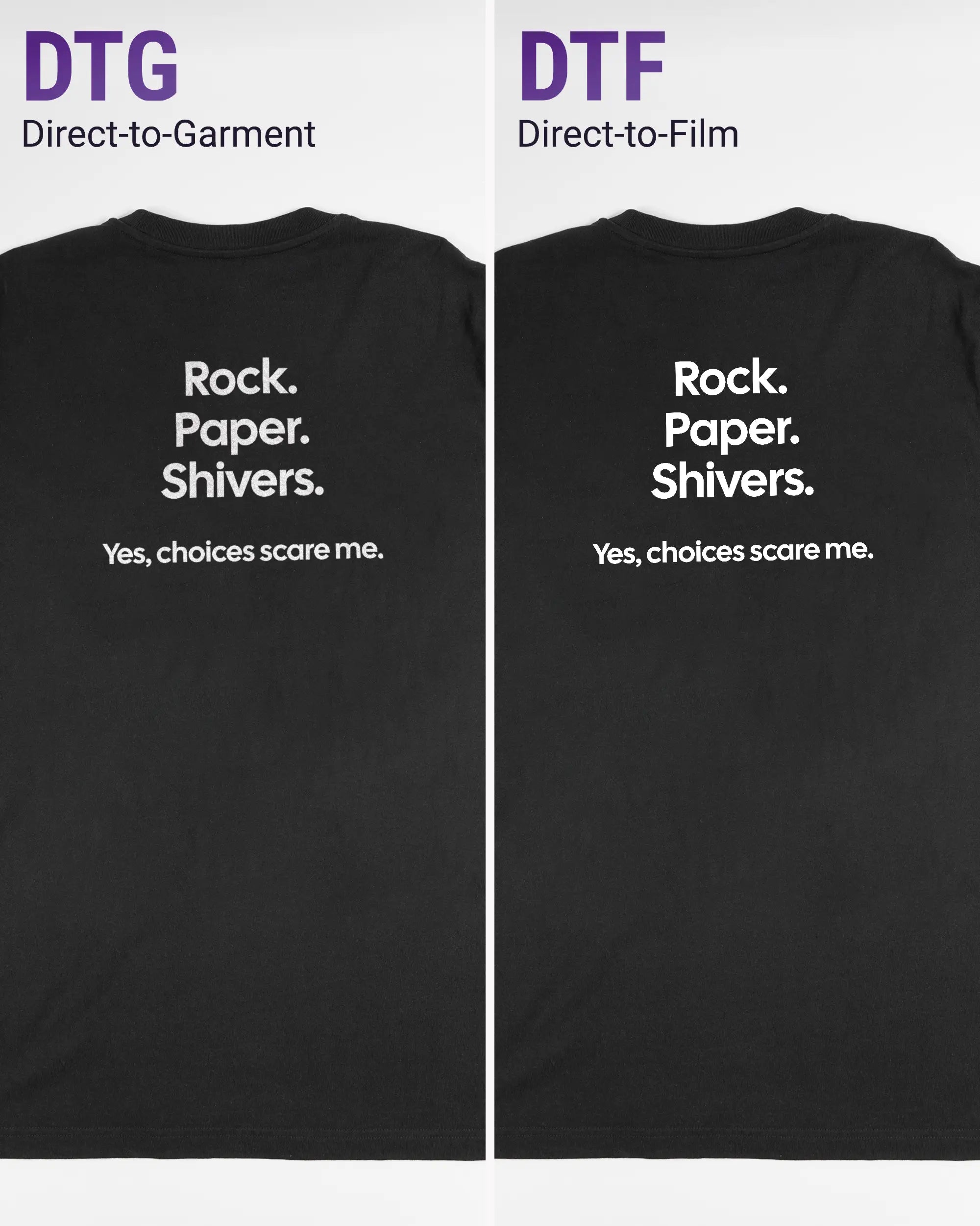 Vergleich der Rückseiten des Organic Unisex T-Shirt Relaxed von Maondo mit dem Design Rock Paper Shivers in der Farbe Black und in der Größe L links mit dem Direct-to-Garment und rechts mit dem Direct-to-Film Verfahren